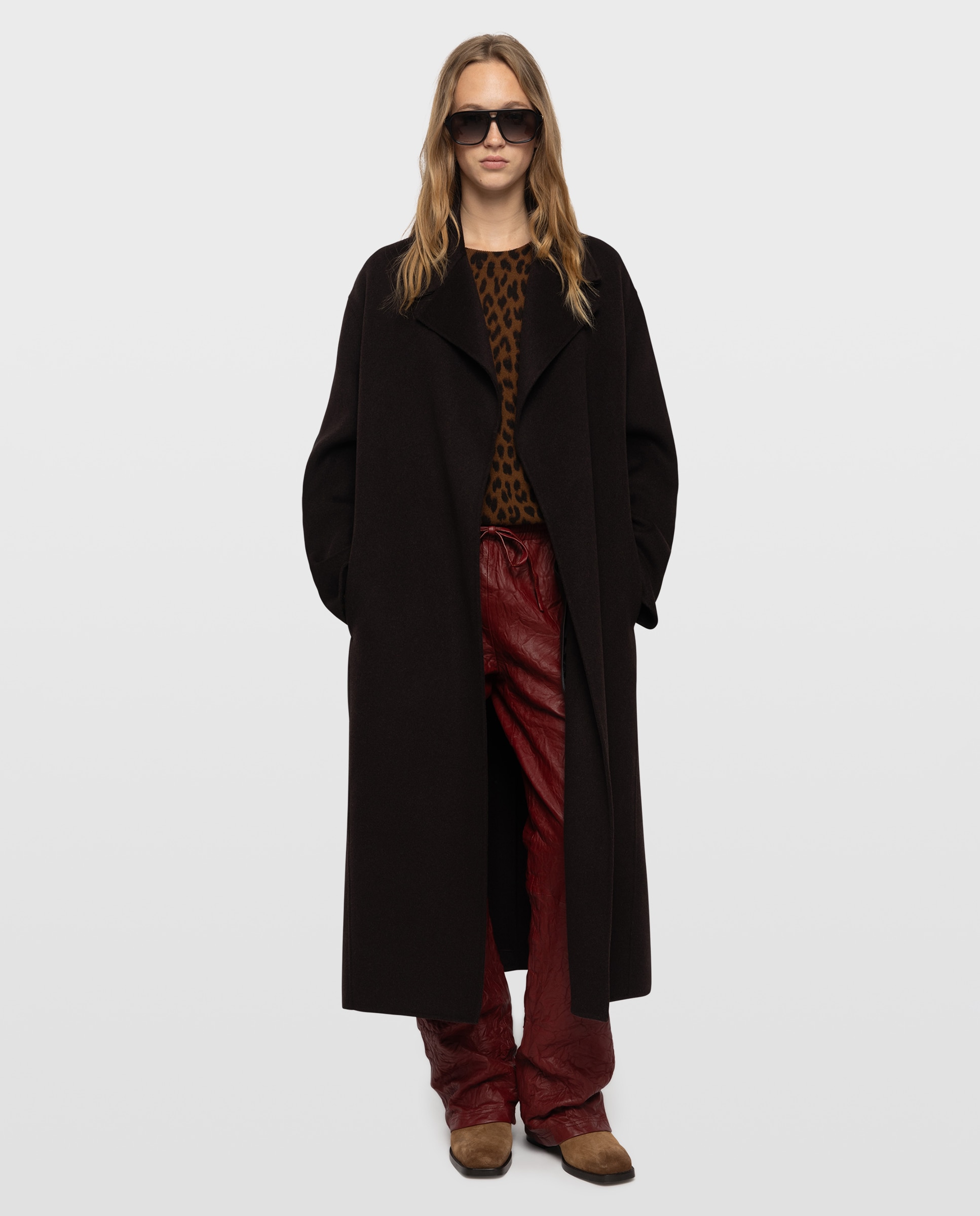 Abrigo de mujer de paño largo estilo bata doble faz con cinturón - Zadig & Voltaire - Marrón Marrón-5
