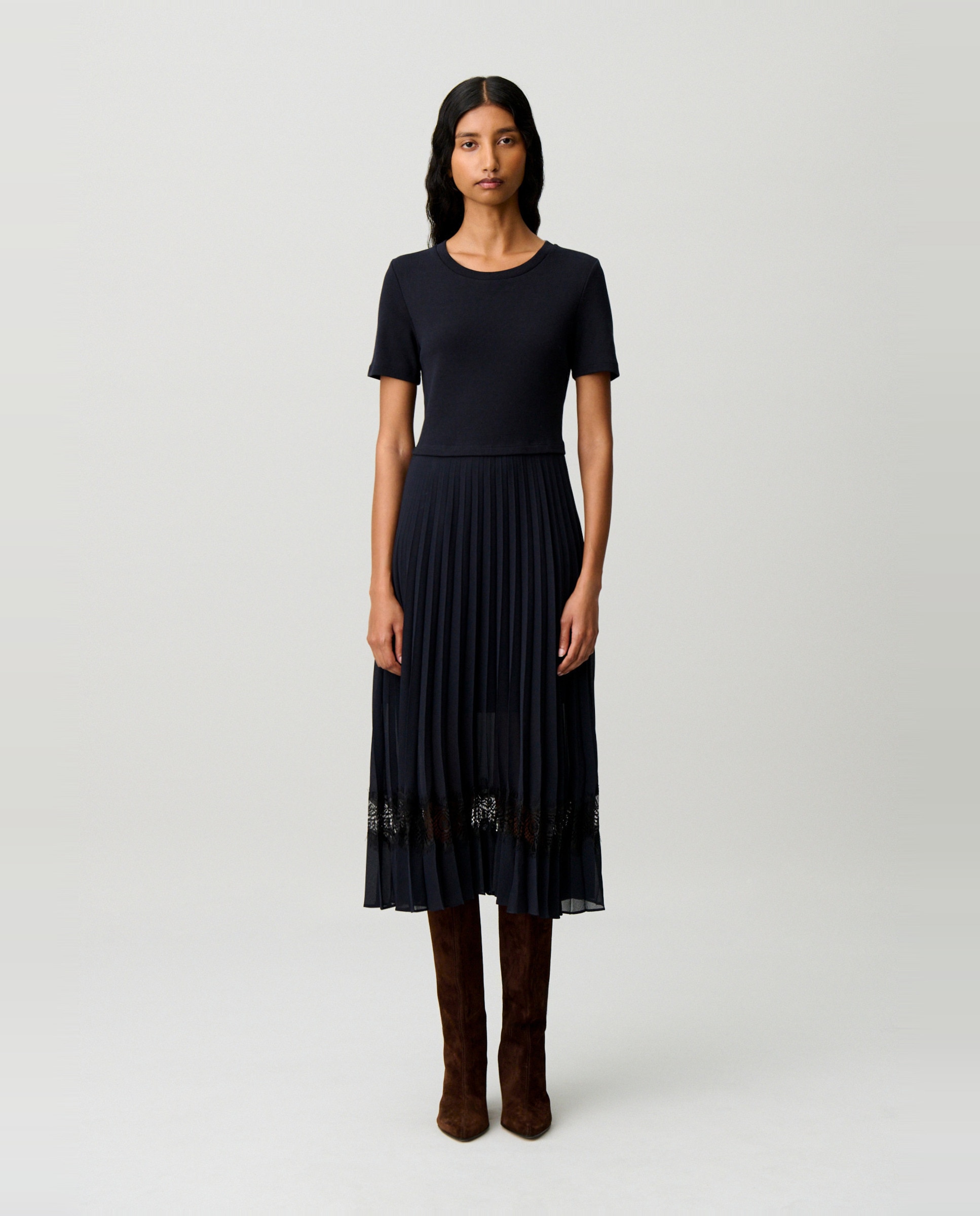Vestido midi de manga corta con falda plisada y canesú de encaje - Claudie Pierlot - Multicolor Multicolor-1