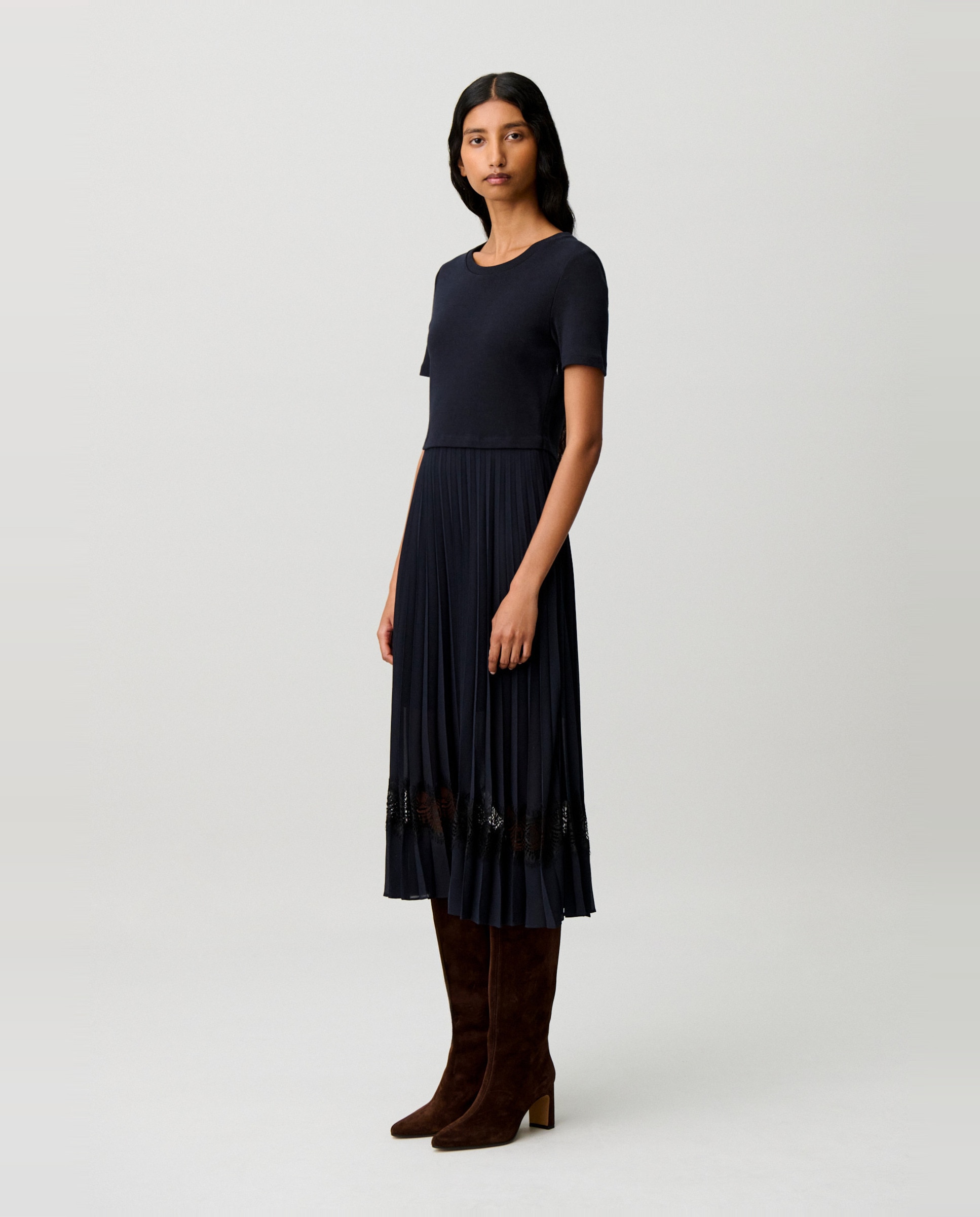 Vestido midi de manga corta con falda plisada y canesú de encaje - Claudie Pierlot - Multicolor Multicolor-2