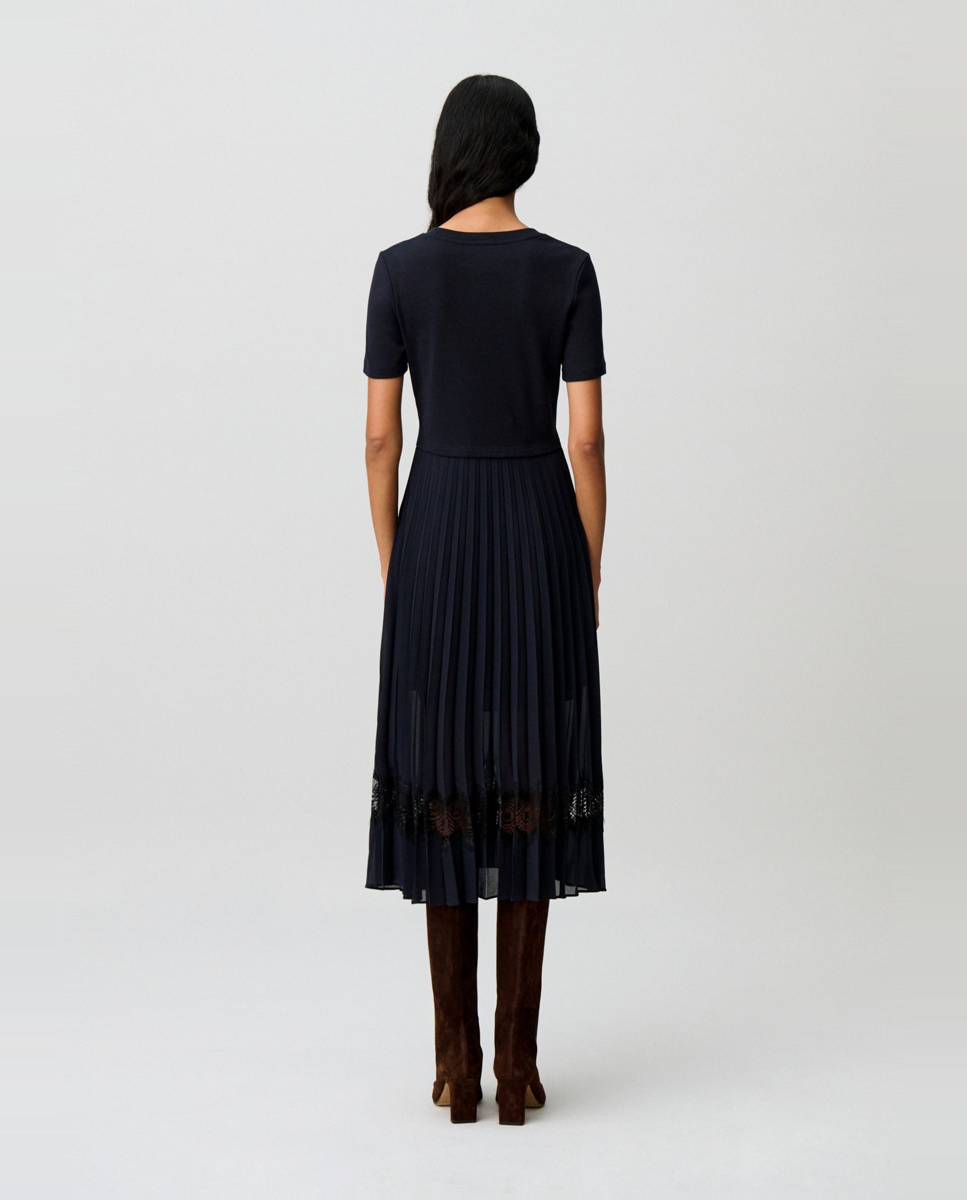 Vestido midi de manga corta con falda plisada y canesú de encaje - Claudie Pierlot - Multicolor Multicolor-3