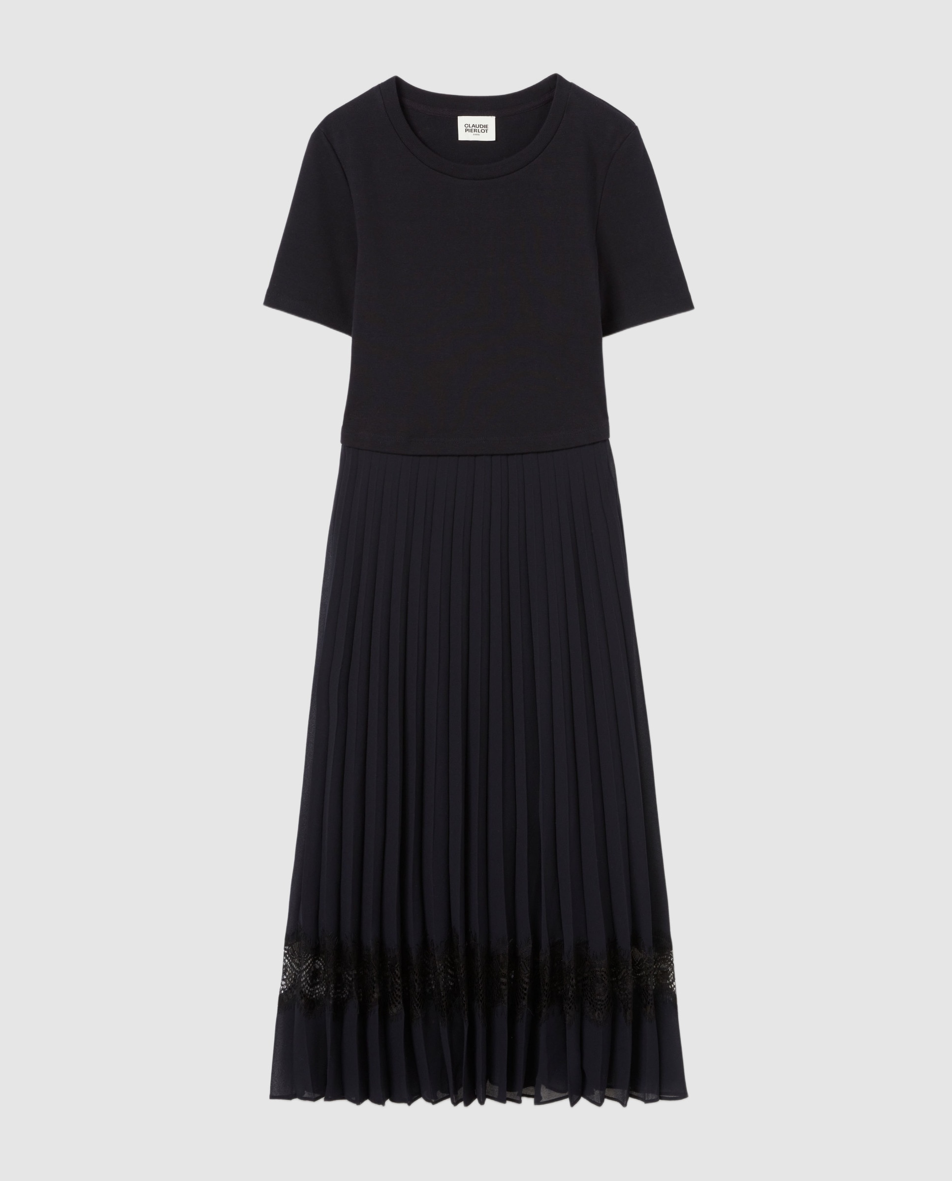 Vestido midi de manga corta con falda plisada y canesú de encaje - Claudie Pierlot - Multicolor Multicolor-7