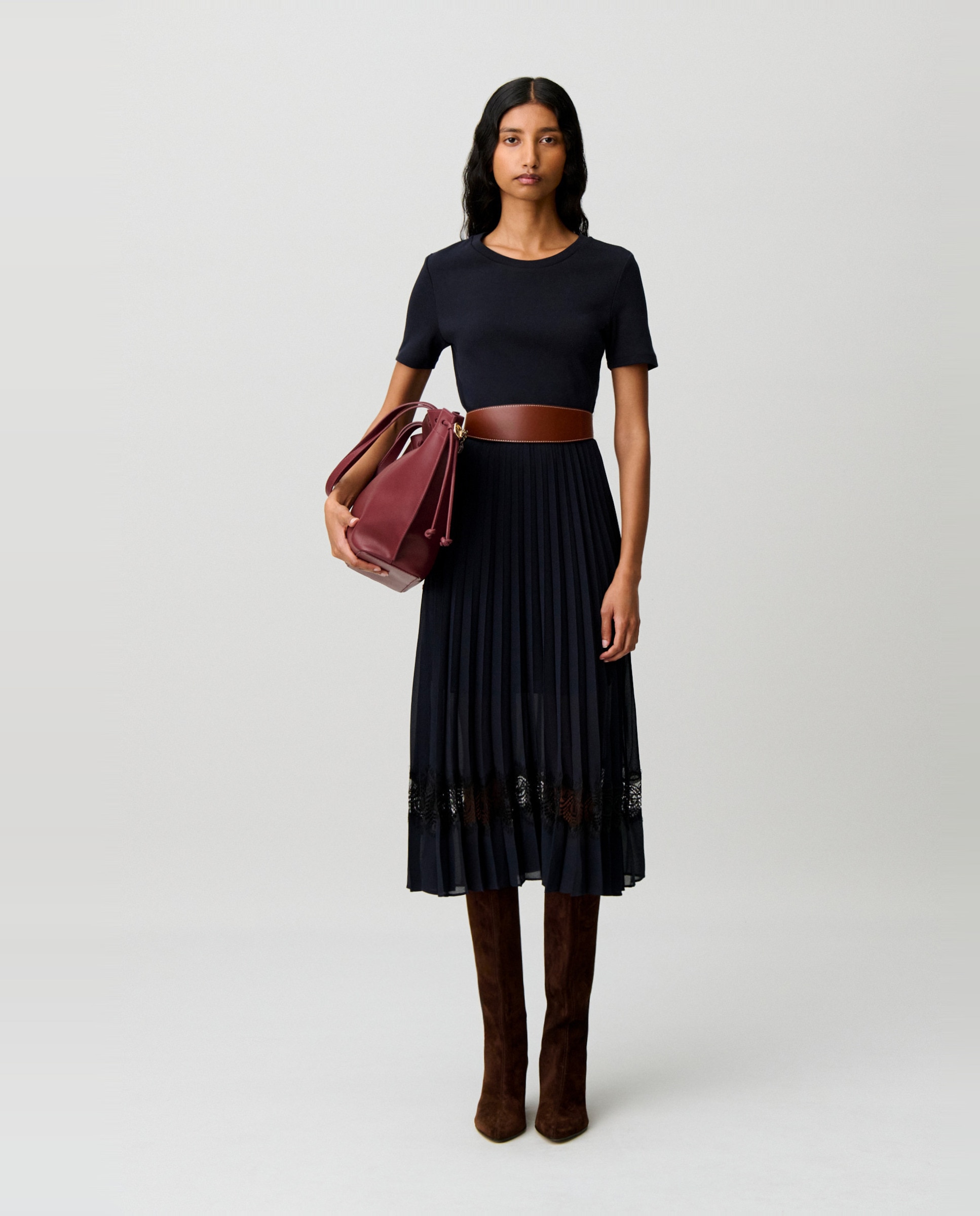 Vestido midi de manga corta con falda plisada y canesú de encaje - Claudie Pierlot - Multicolor Multicolor-5