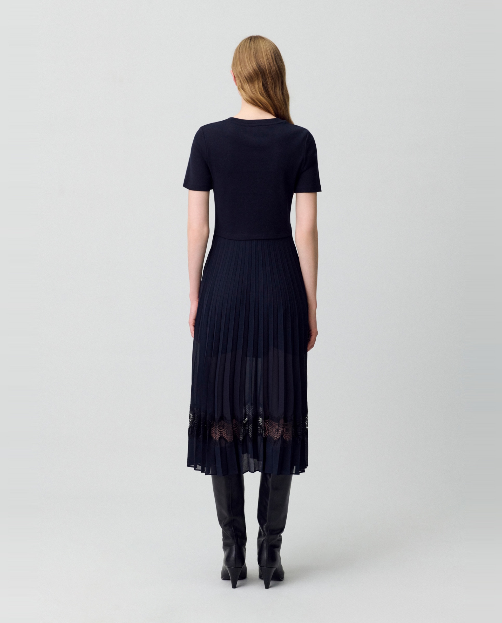 Vestido midi de manga corta con falda plisada y canesú de encaje - Claudie Pierlot - Multicolor Multicolor-6