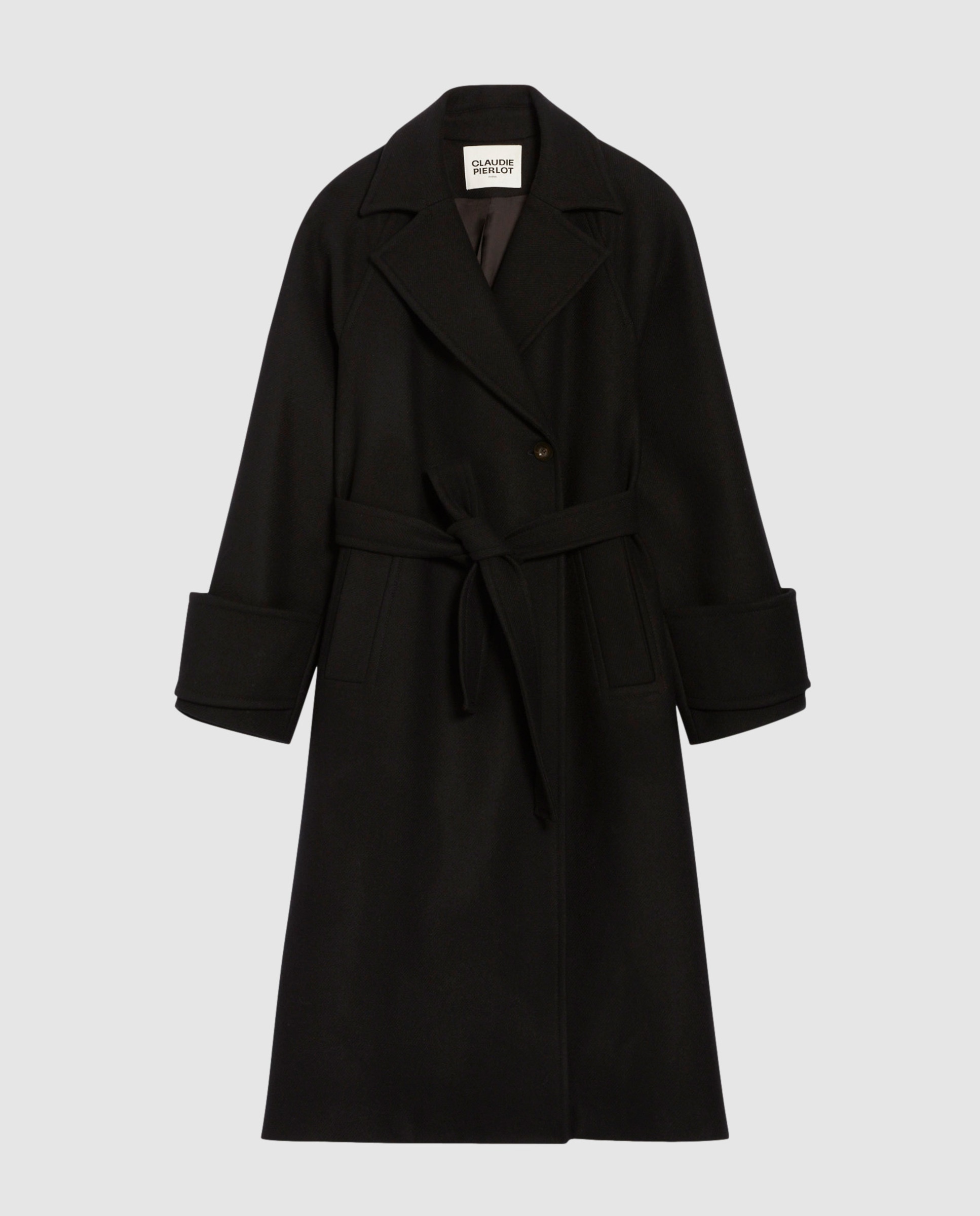 Abrigo de mujer midi con mezcla de lana, cuello de traje, corte amplio y cinturón - Claudie Pierlot - Negro Negro-7