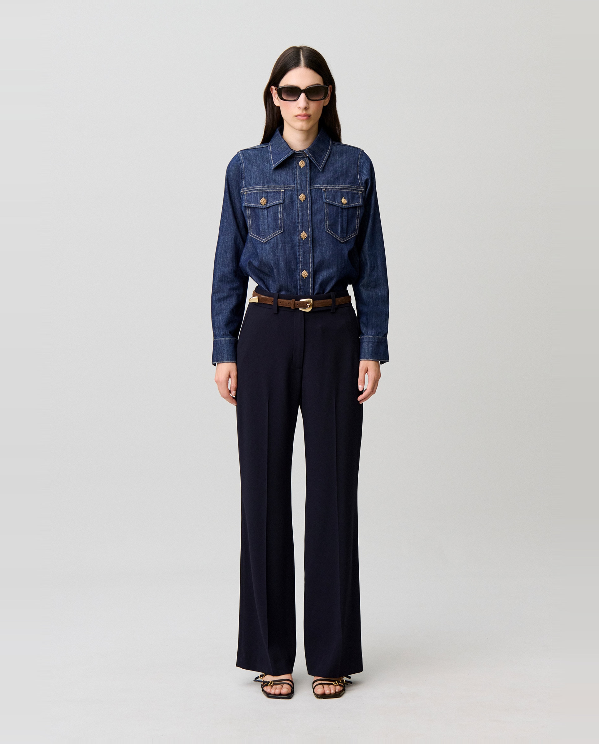 Pantalones de mujer de traje rectos de talle medio con pliegues - Claudie Pierlot - Azul marino Azul marino-1