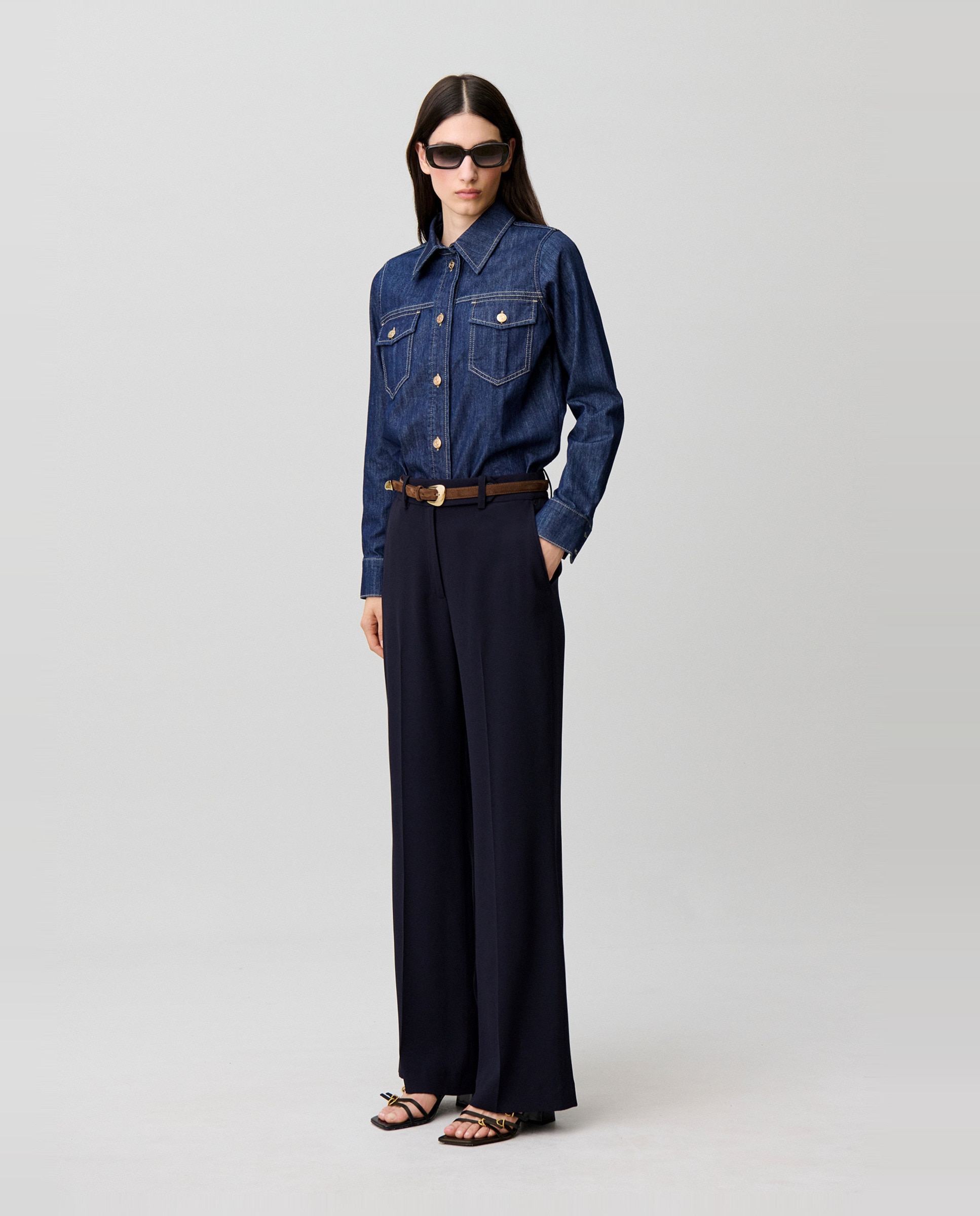 Pantalones de mujer de traje rectos de talle medio con pliegues - Claudie Pierlot - Azul marino Azul marino-5
