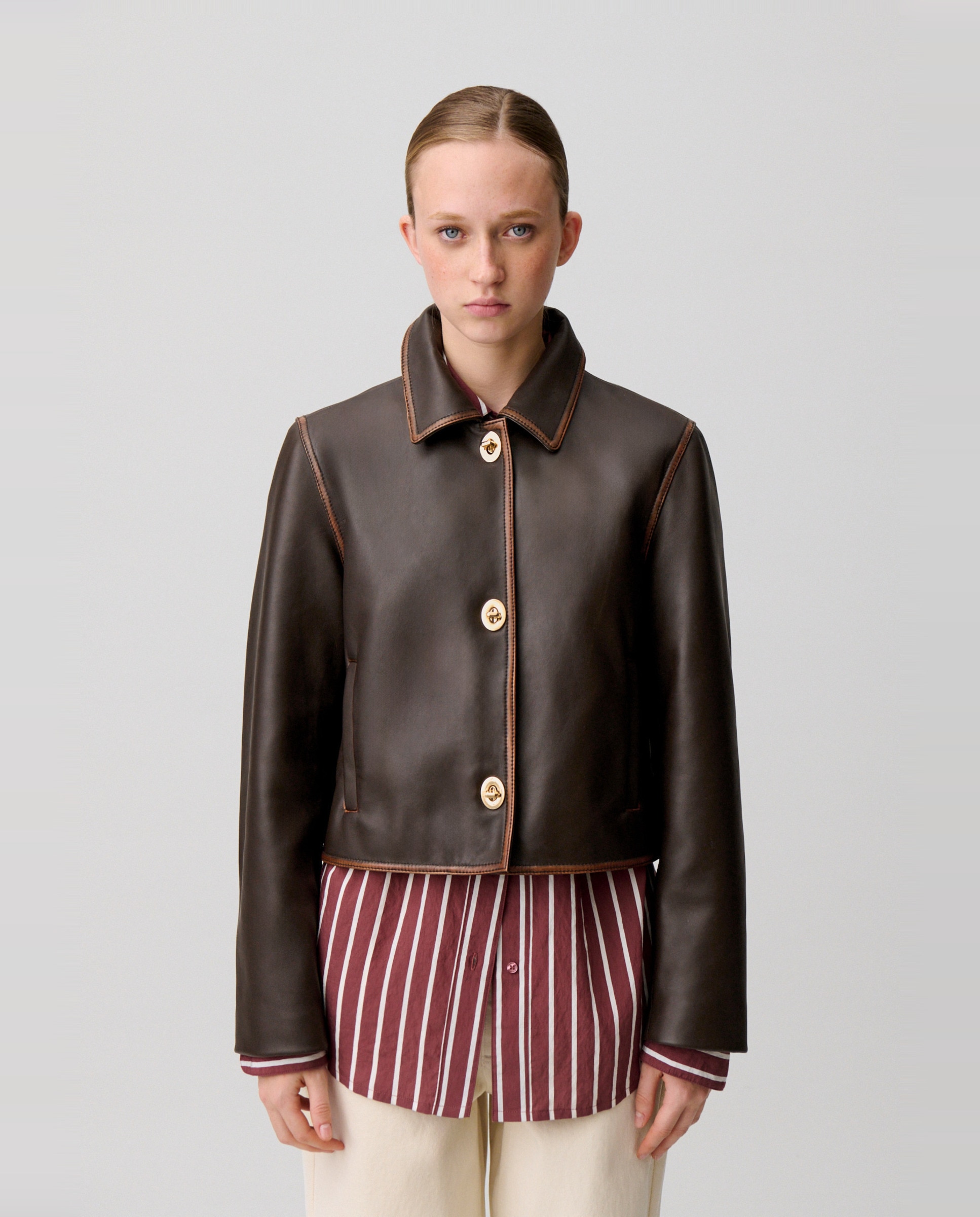 Cazadora de piel de mujer corta envejecida - Claudie Pierlot - Marrón oscuro Marrón oscuro-1