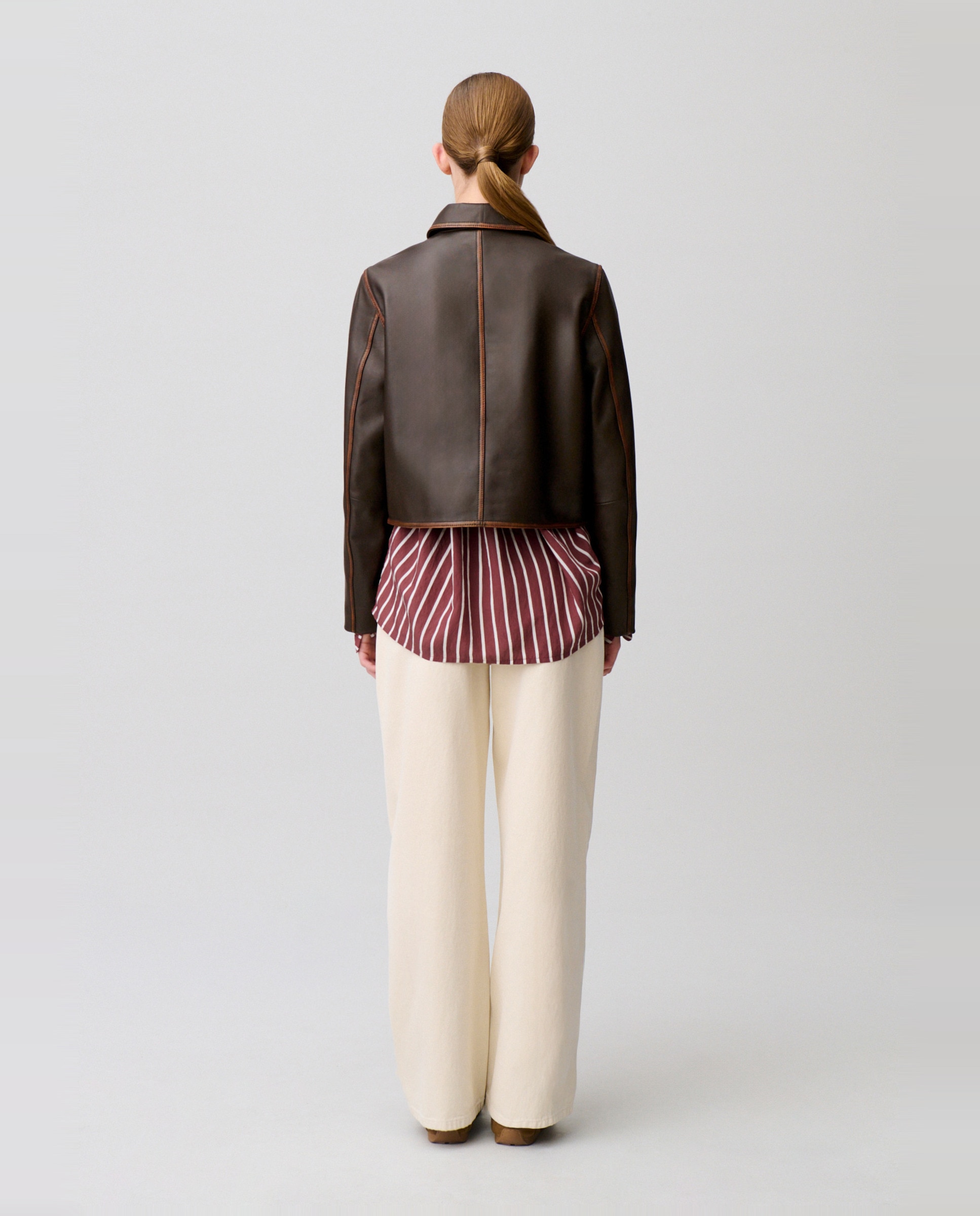 Cazadora de piel de mujer corta envejecida - Claudie Pierlot - Marrón oscuro Marrón oscuro-2