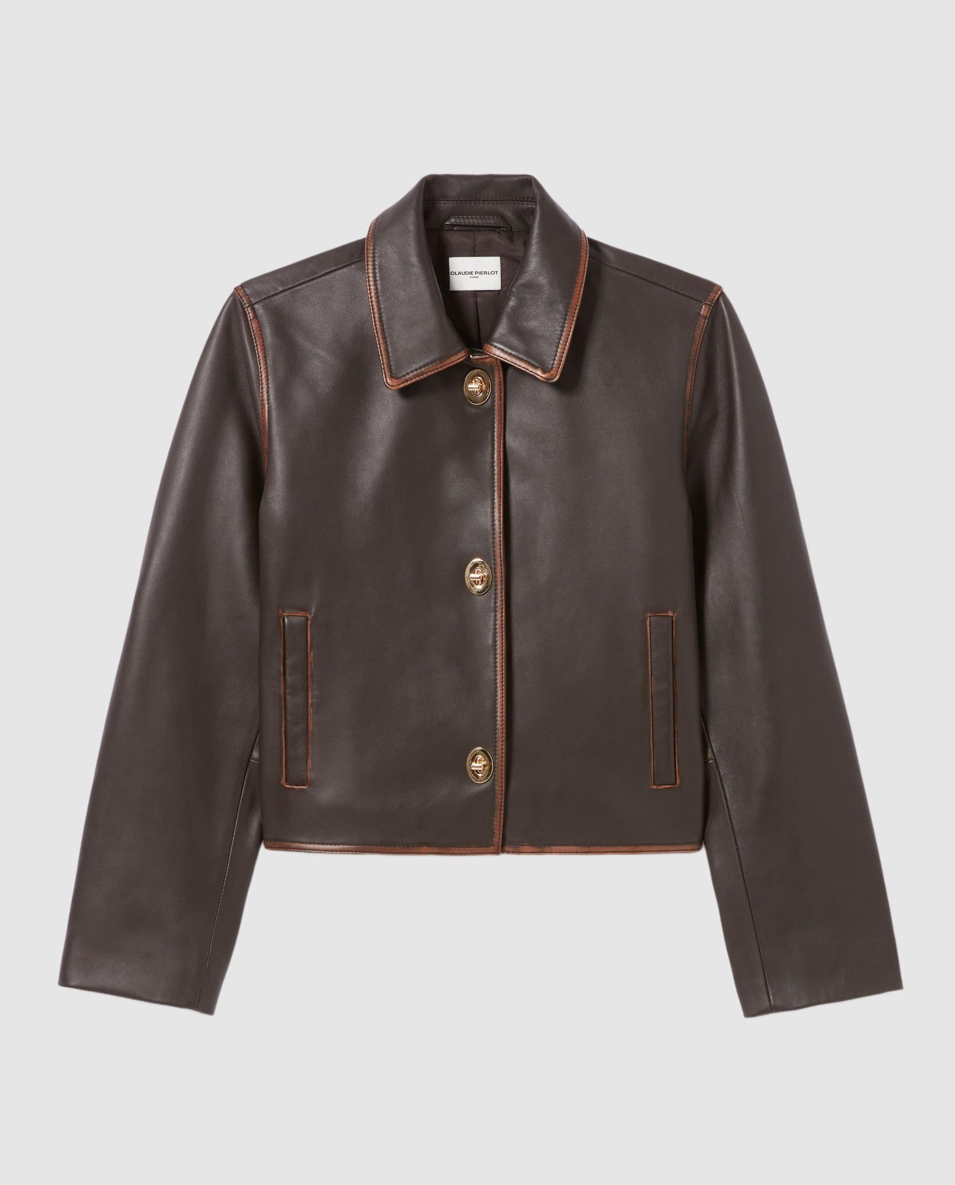 Cazadora de piel de mujer corta envejecida - Claudie Pierlot - Marrón oscuro Marrón oscuro-7