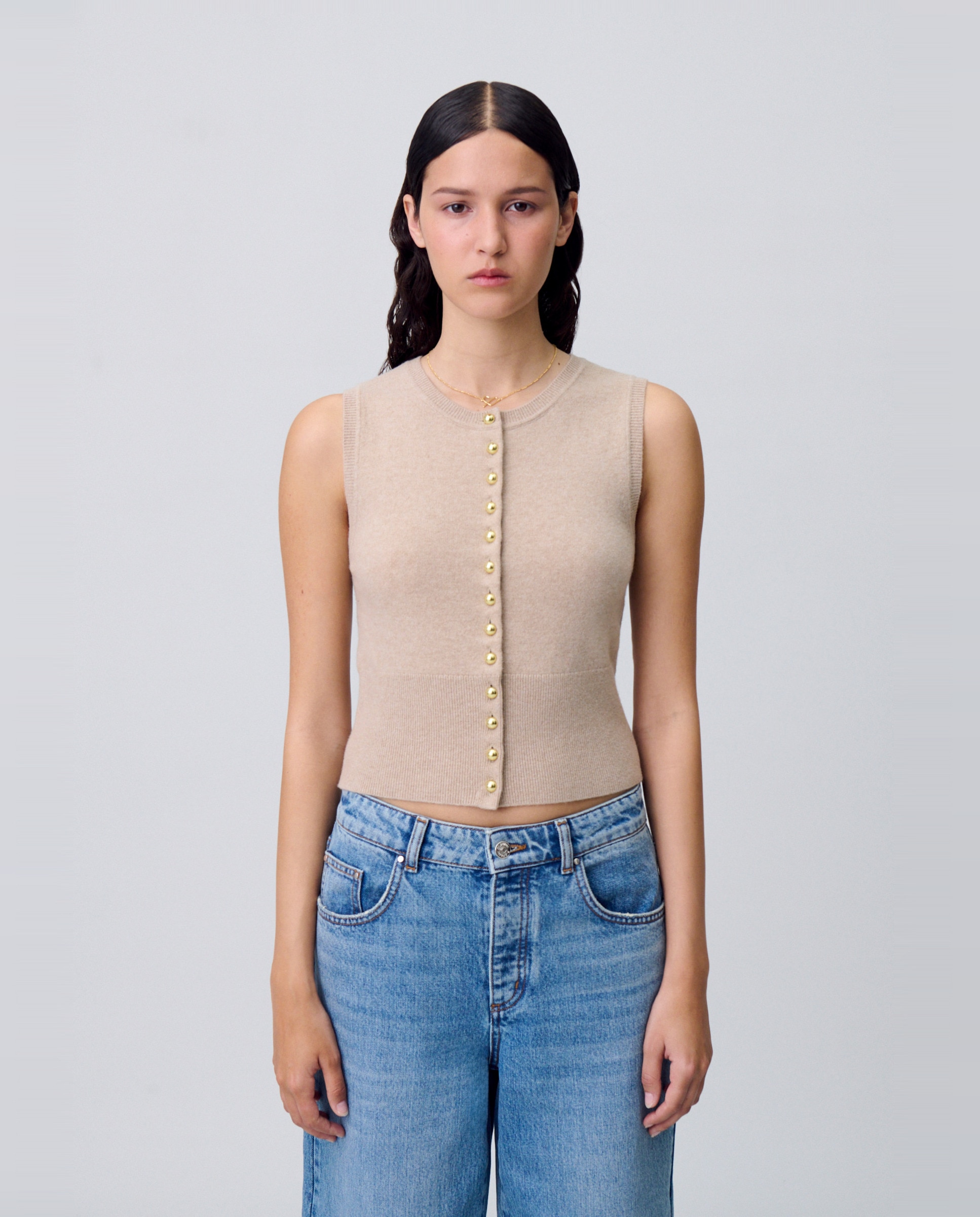 Cárdigan de punto de mujer sin mangas con botones - Claudie Pierlot - Beige Beige-1