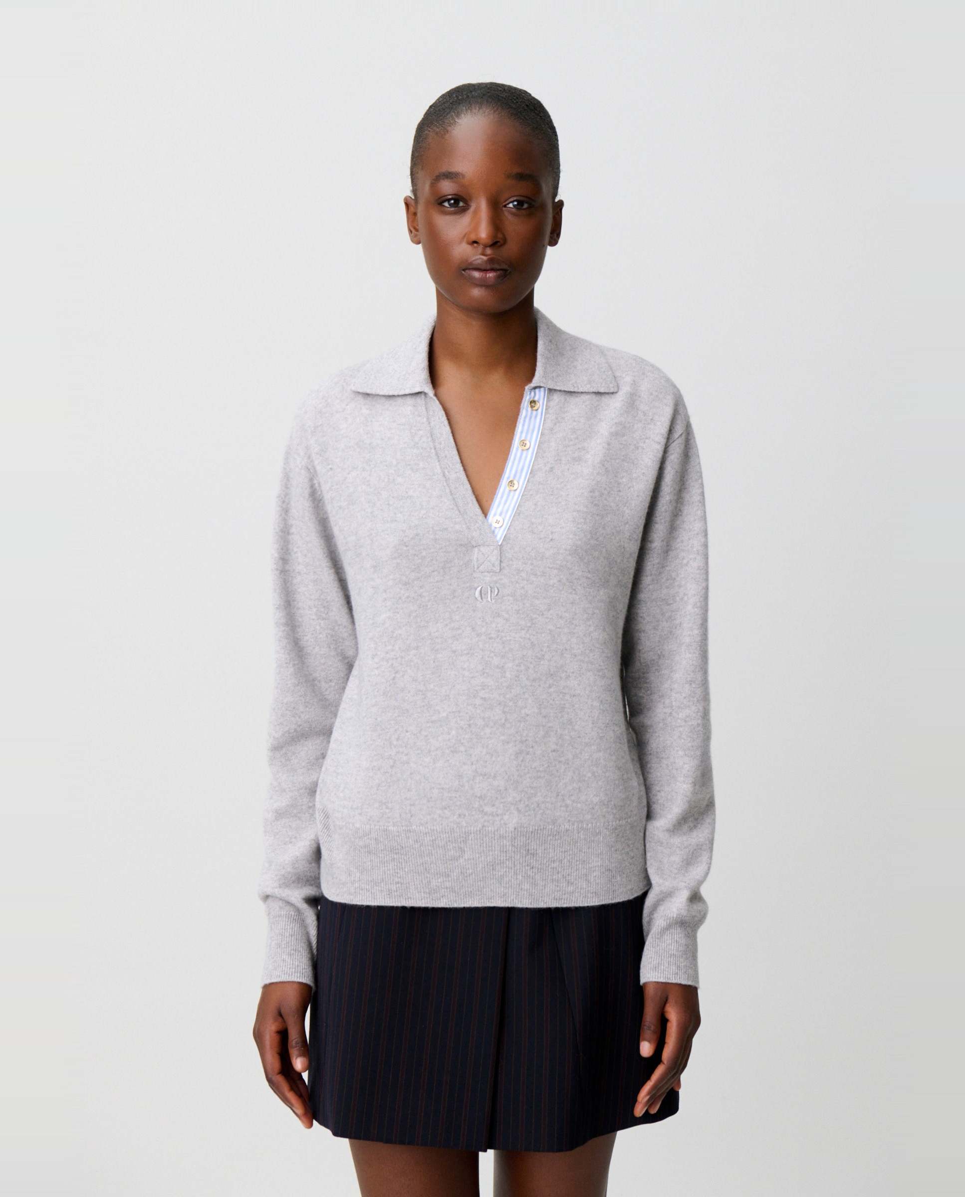 Jersey de mujer de lana con cuello polo de manga larga - Claudie Pierlot - Gris oscuro Gris oscuro-1