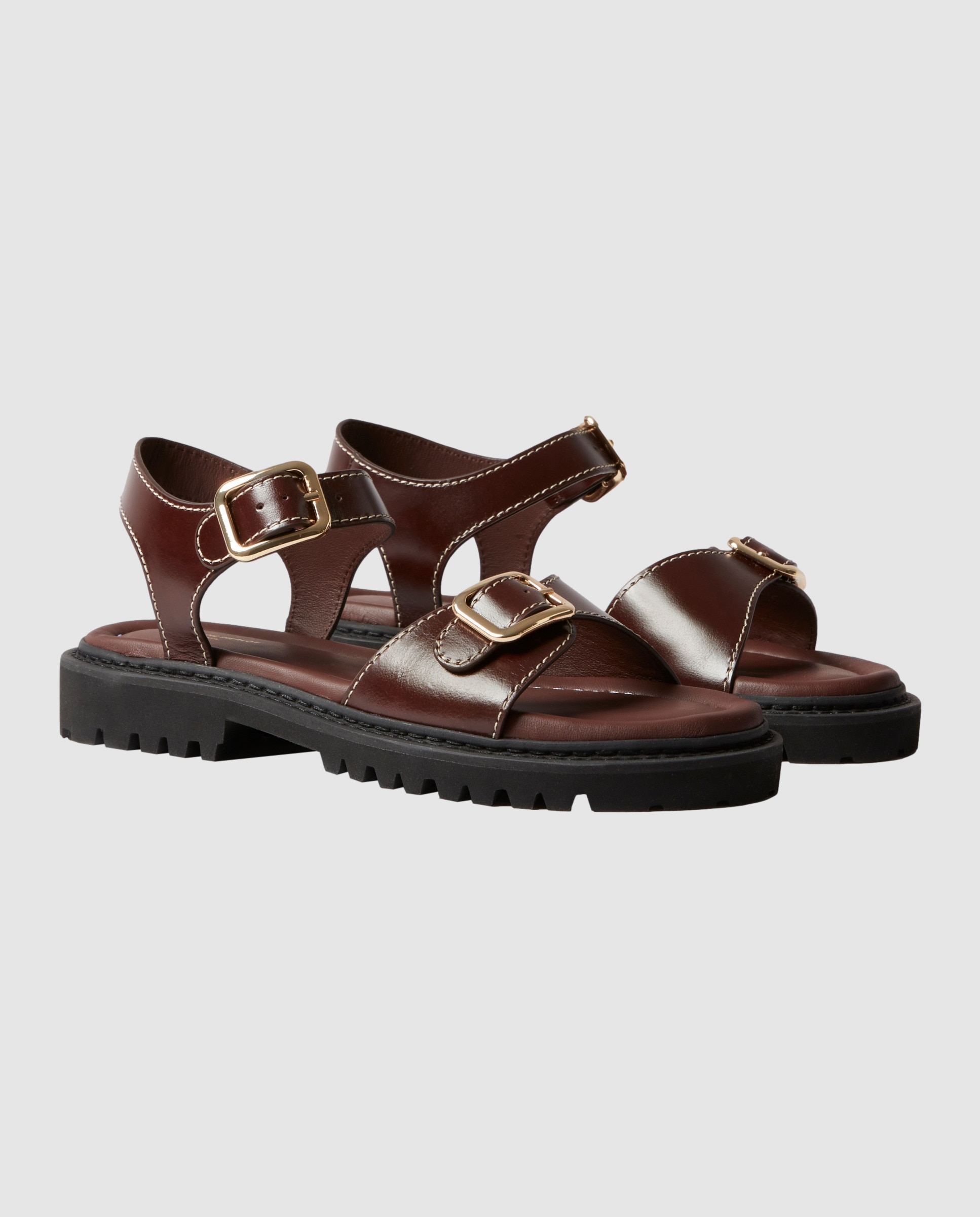 Sandalias planas de mujer de cuero con hebillas doradas - Claudie Pierlot - Marrón oscuro Marrón oscuro-4