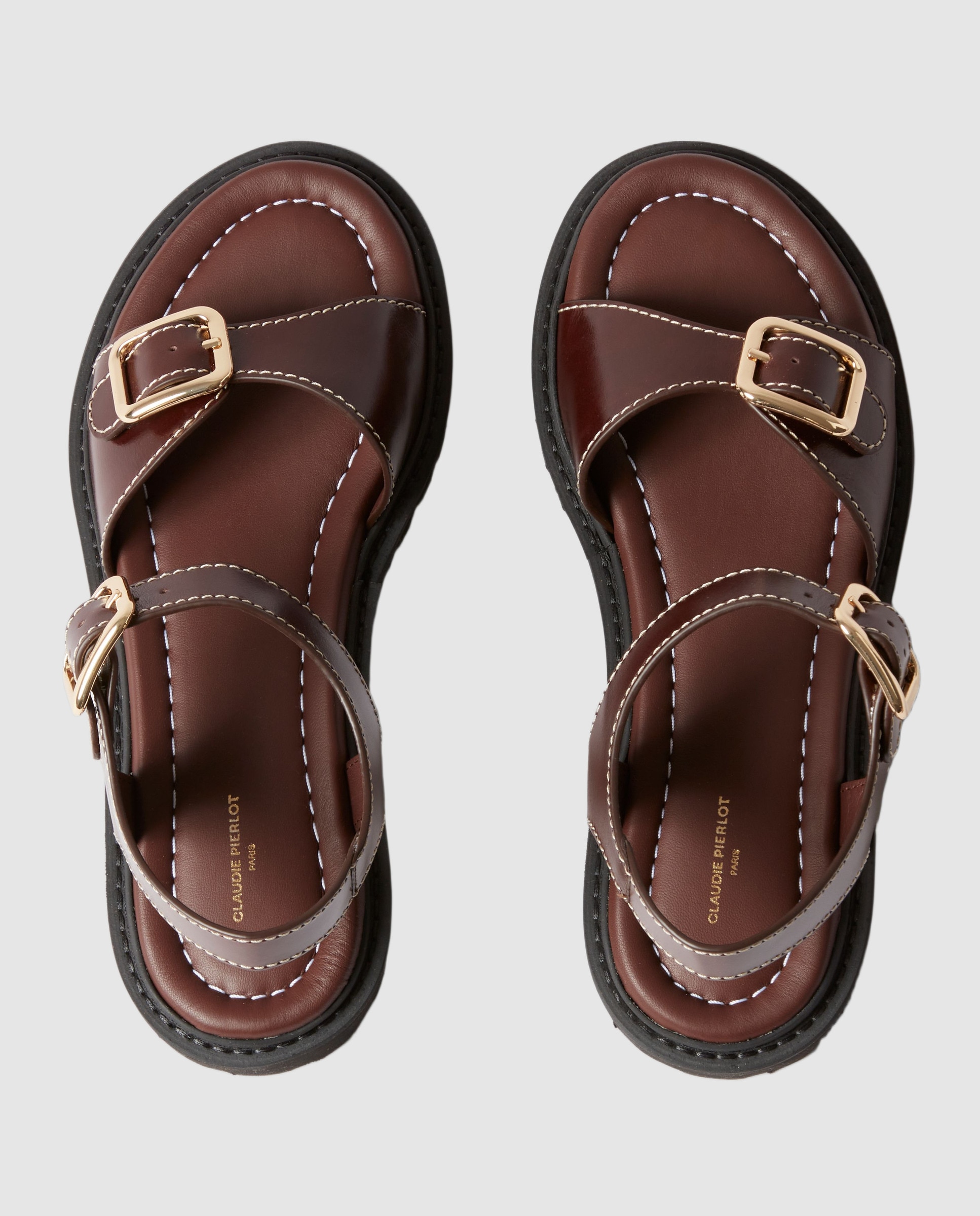 Sandalias planas de mujer de cuero con hebillas doradas - Claudie Pierlot - Marrón oscuro Marrón oscuro-5