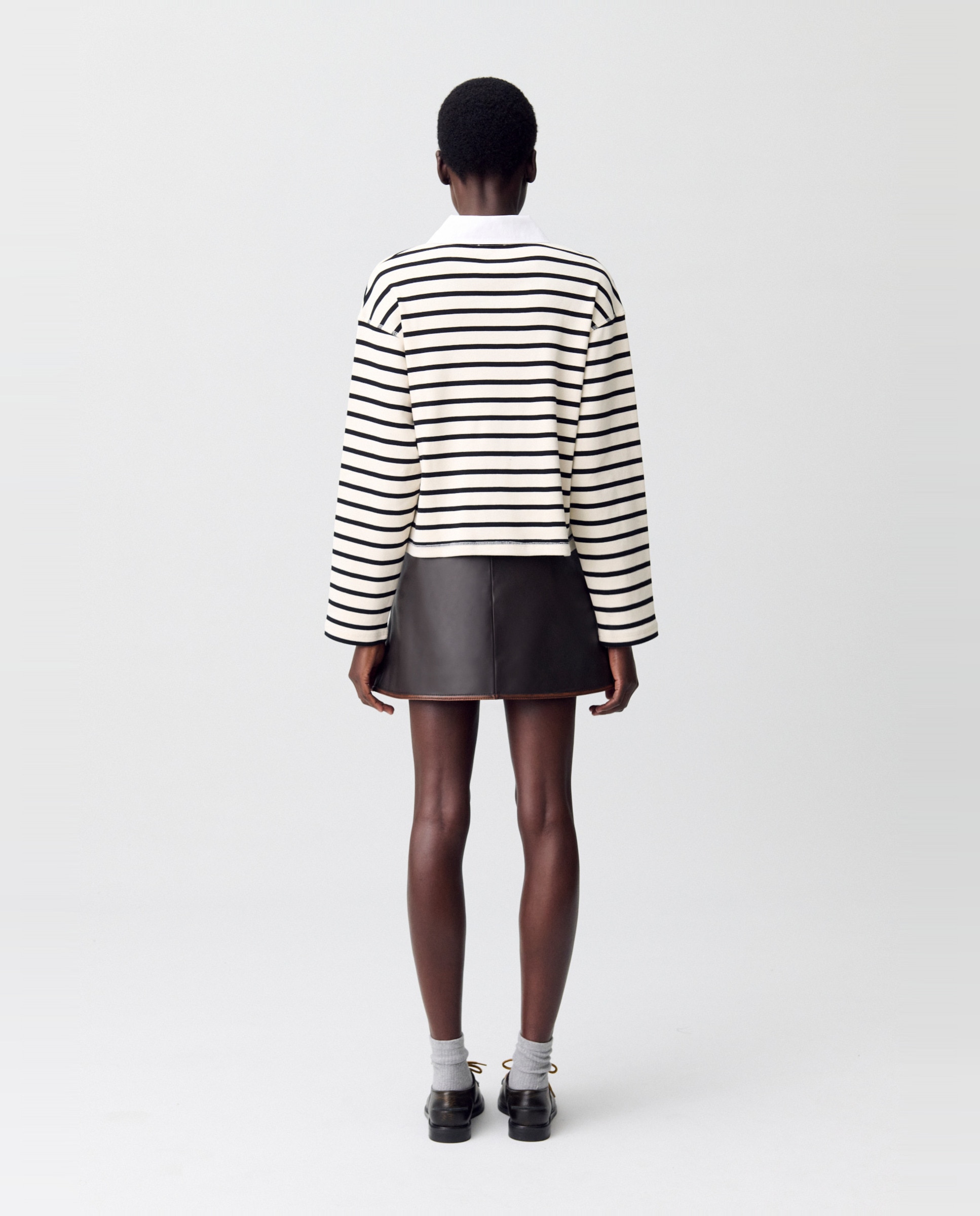 Camiseta de mujer de rayas marineras con cuello camisero - Claudie Pierlot - Blanco / Negro Blanco / Negro-2