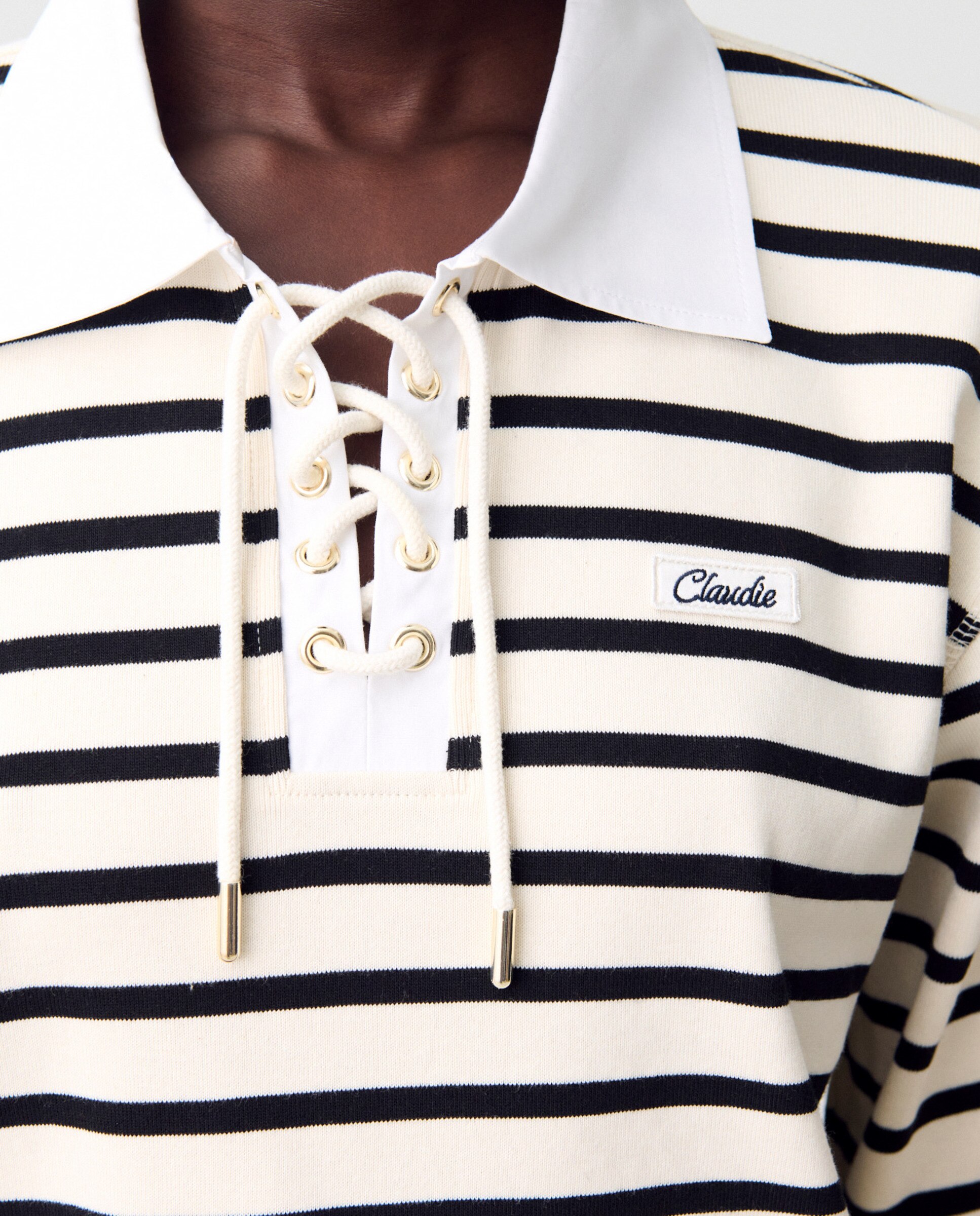 Camiseta de mujer de rayas marineras con cuello camisero - Claudie Pierlot - Blanco / Negro Blanco / Negro-4