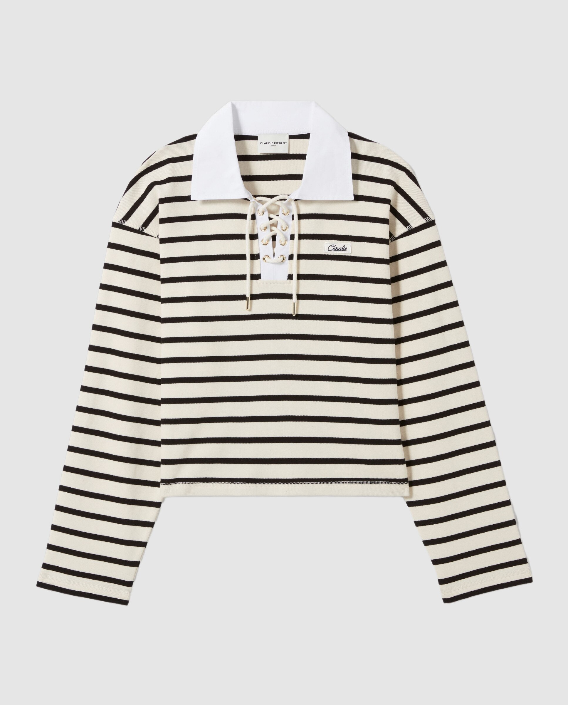 Camiseta de mujer de rayas marineras con cuello camisero - Claudie Pierlot - Blanco / Negro Blanco / Negro-5