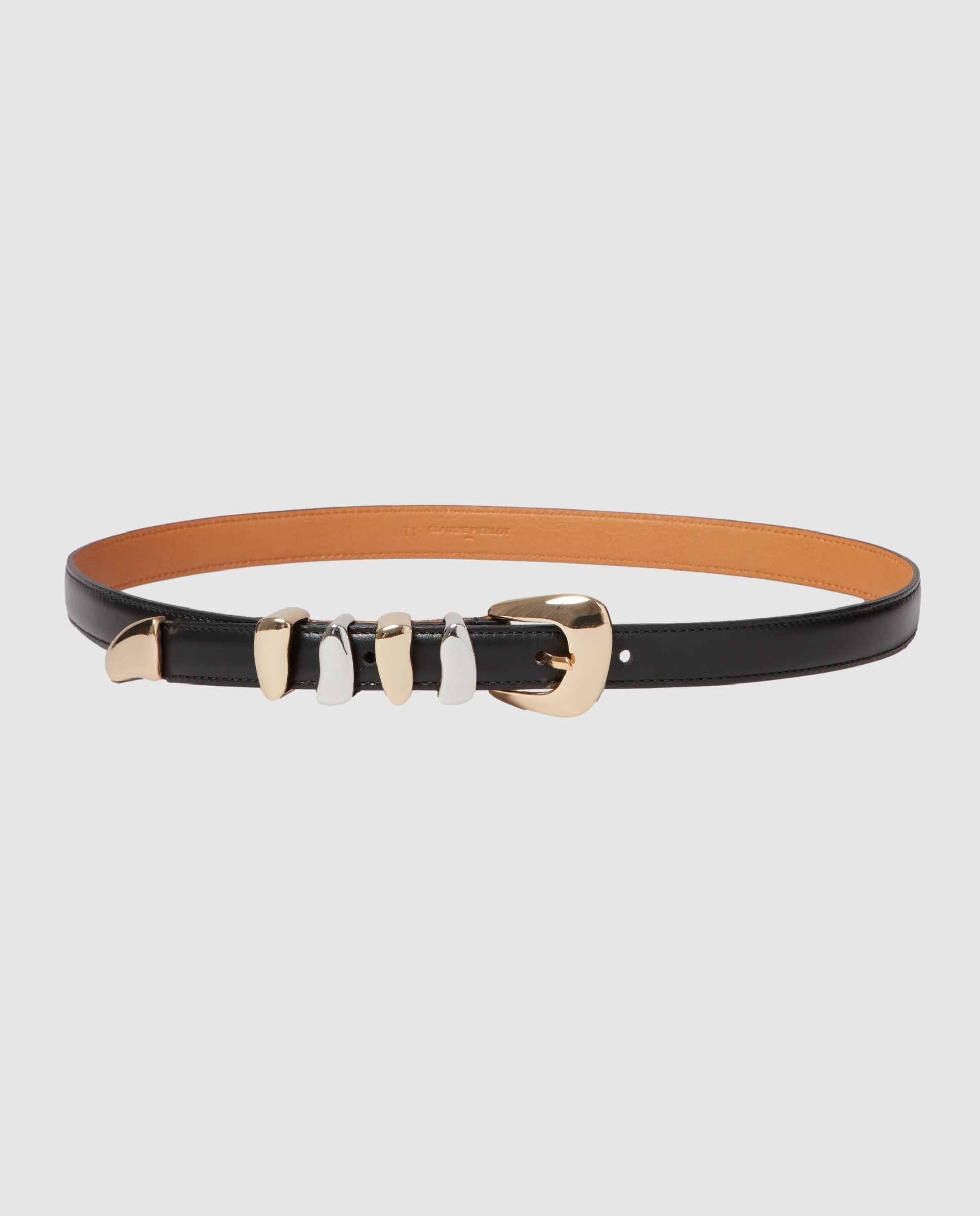 Cinturón de mujer de cuero liso con hebilla dorada y trabillas orgánicas - Claudie Pierlot - Negro Negro-1