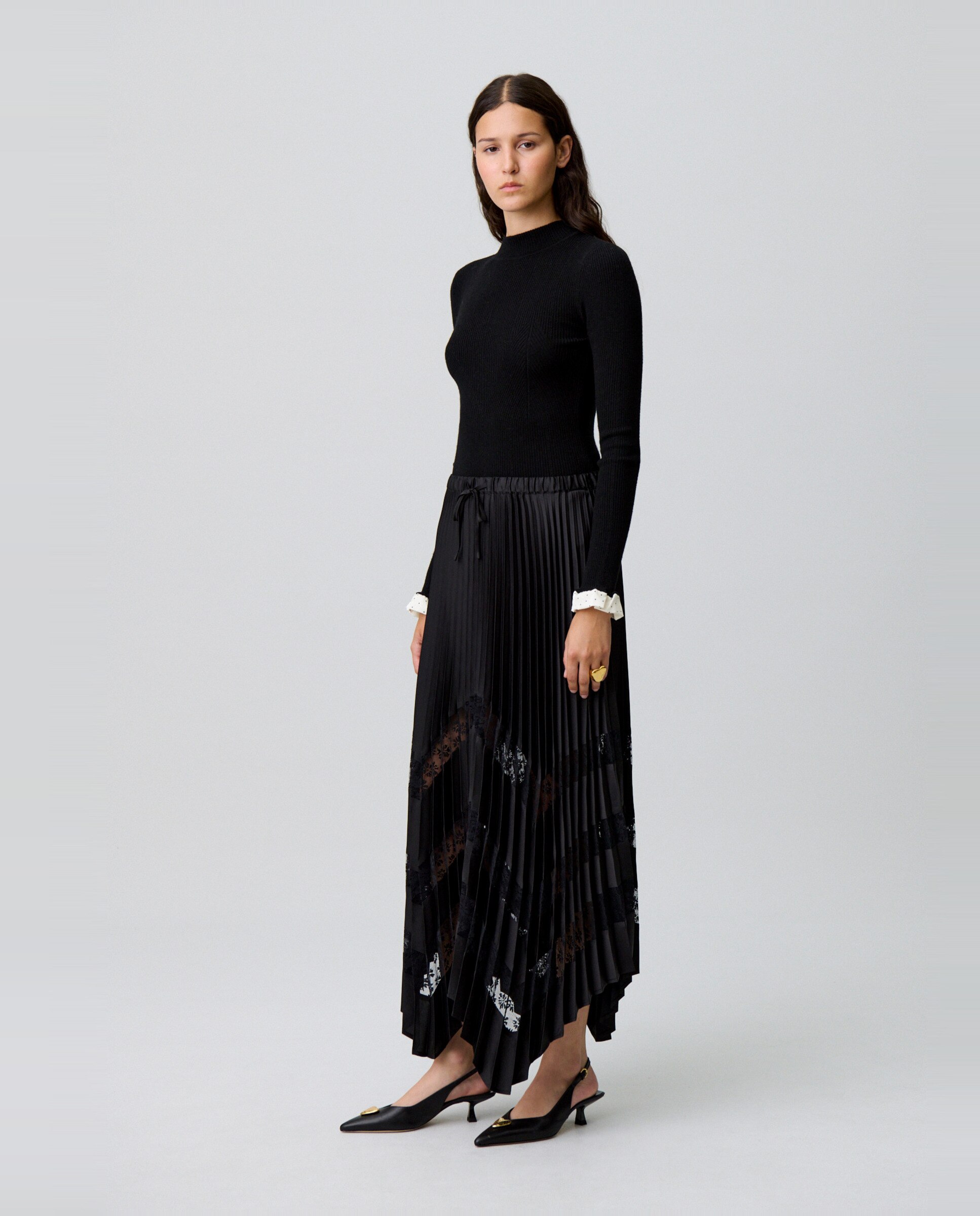 Falda plisada de satén con encaje - Claudie Pierlot - Negro Negro-5