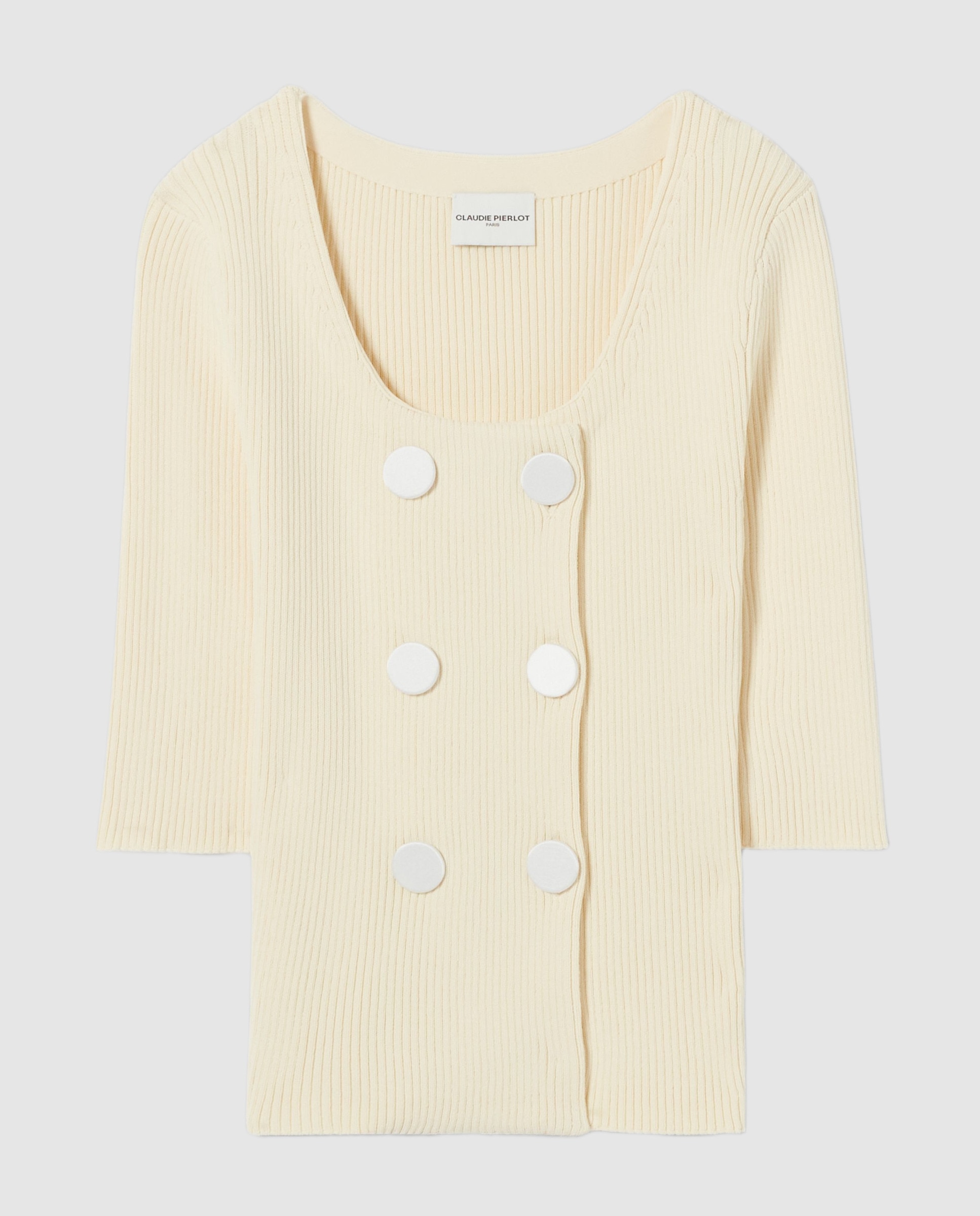 Cárdigan de punto fino de mujer con cuello redondo y doble botonadura - Claudie Pierlot - Beige Beige-6