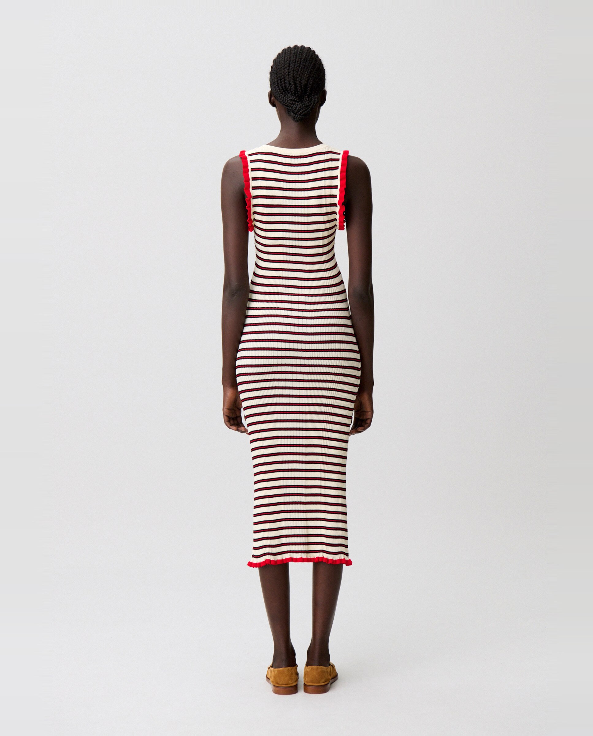 Vestido midi de punto fino con estampado de rayas y volantes - Claudie Pierlot - Rojo Rojo-2