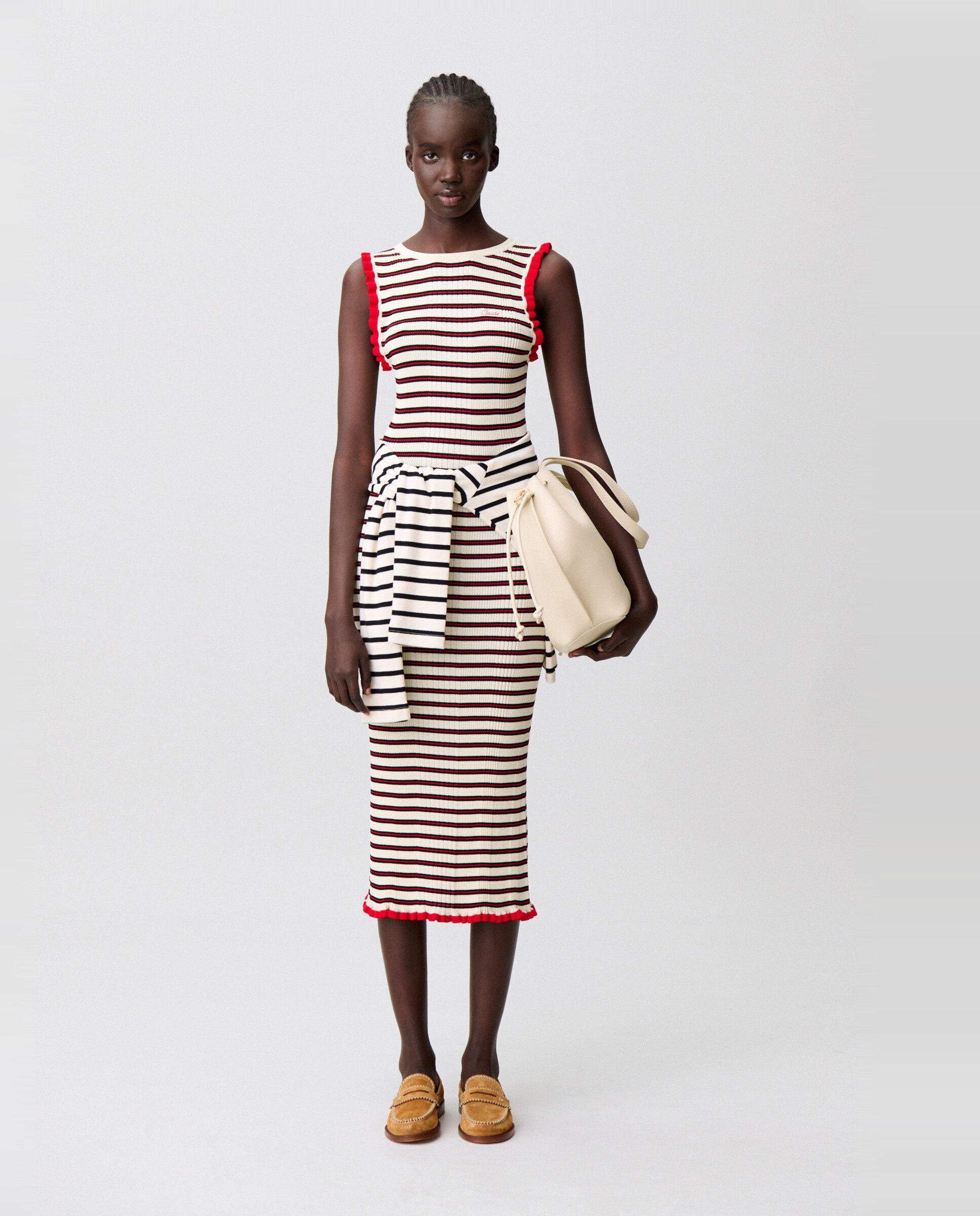 Vestido midi de punto fino con estampado de rayas y volantes - Claudie Pierlot - Rojo Rojo-3