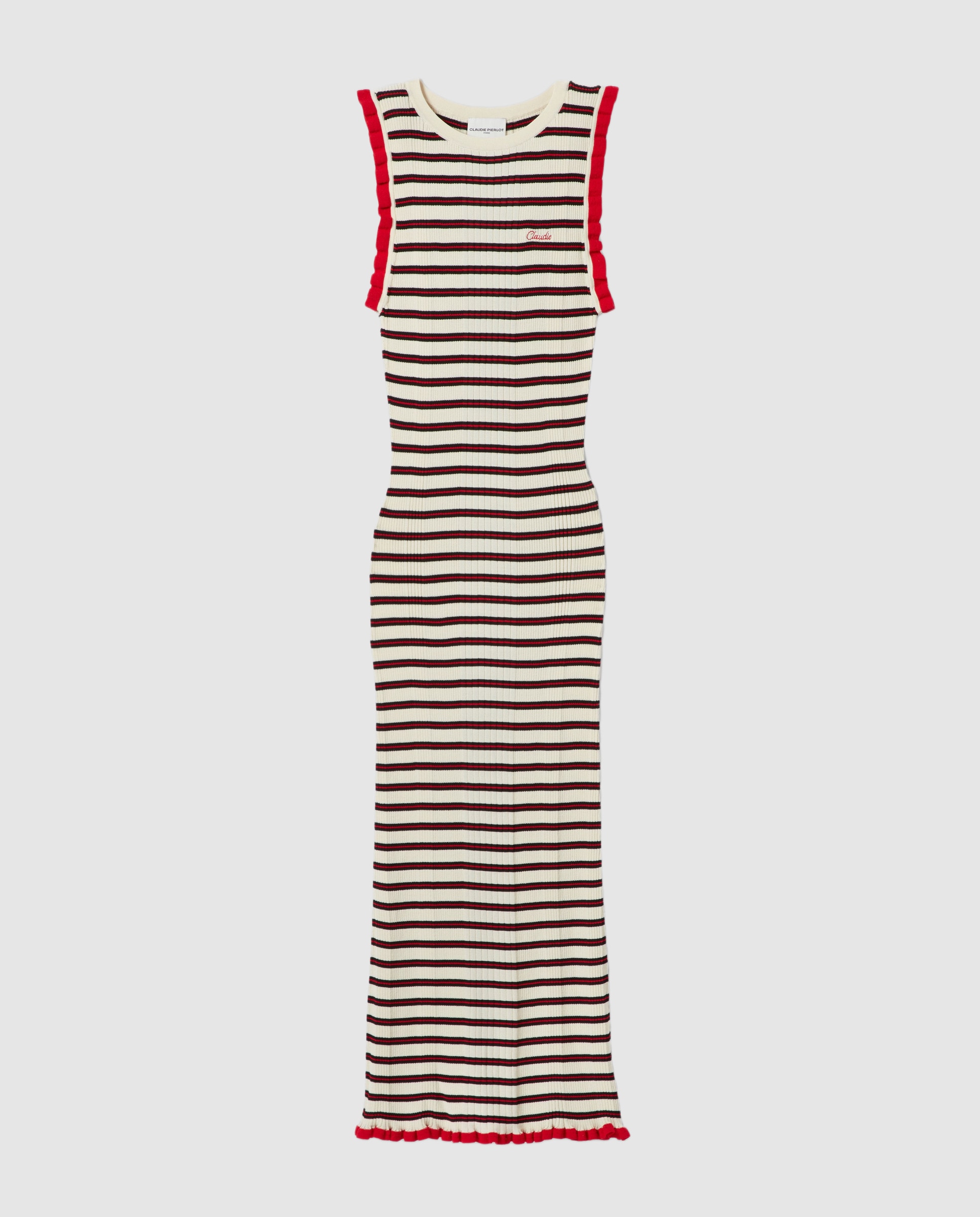 Vestido midi de punto fino con estampado de rayas y volantes - Claudie Pierlot - Rojo Rojo-5