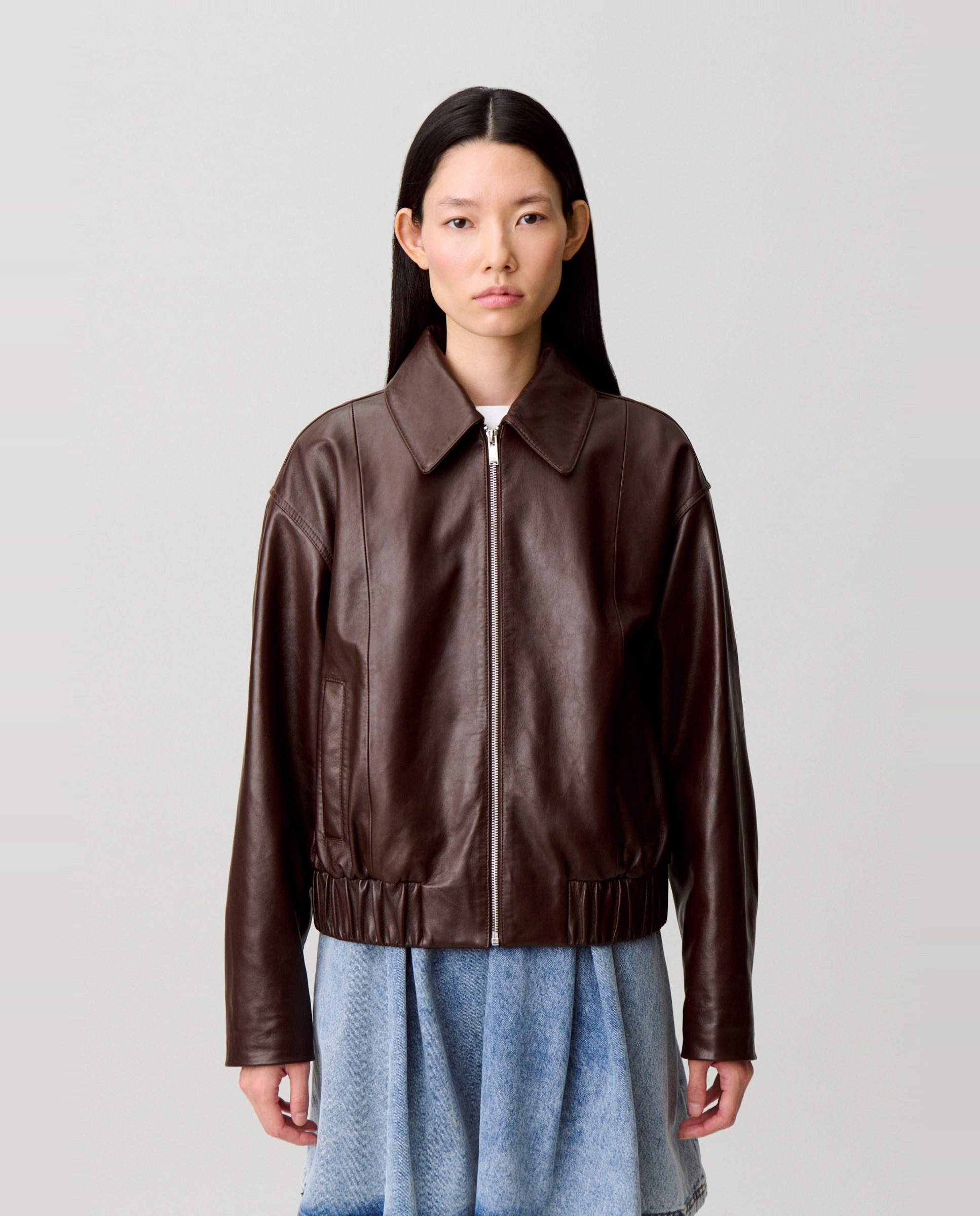 Cazadora de mujer de piel brillante y cuello camisero - Claudie Pierlot - Marrón Marrón-1