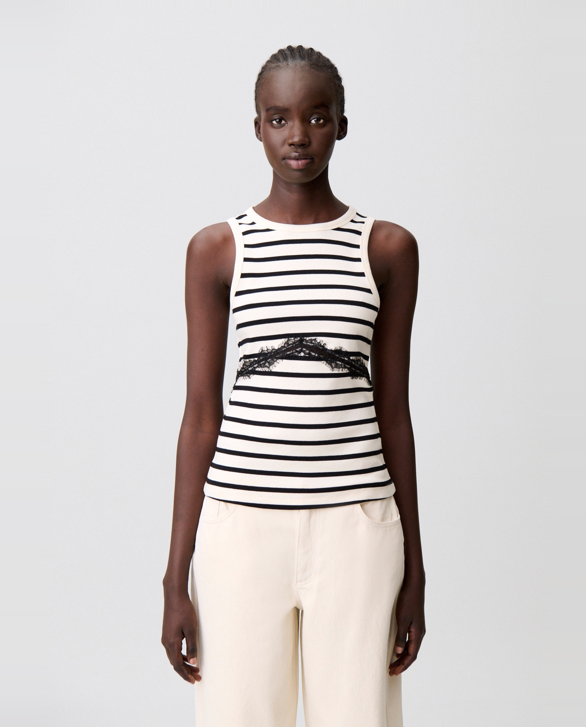Claudie Pierlot - Camiseta de mujer marinera de algodón sin mangas con encaje.