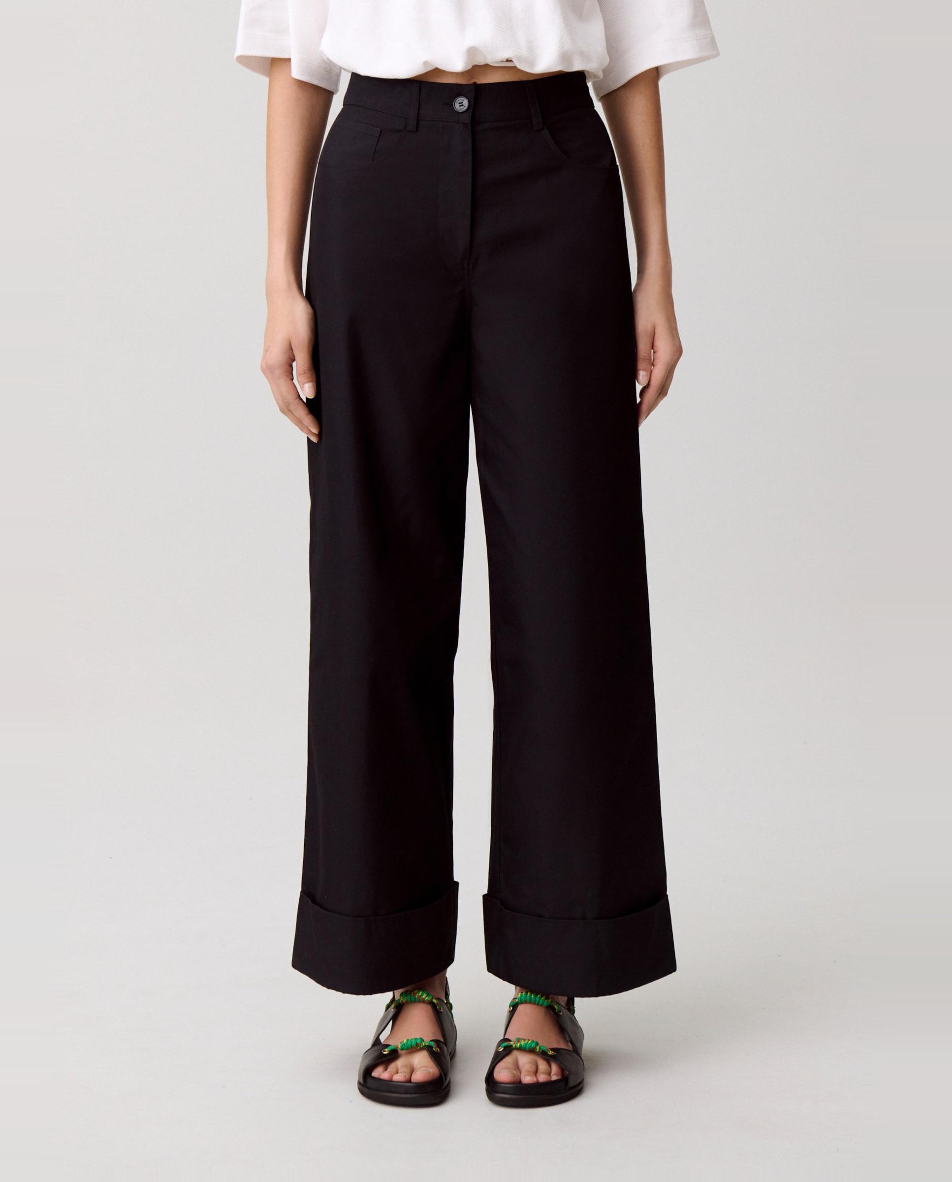 Pantalones anchos de mujer, de corte relajado y bajo vuelto - Claudie Pierlot - Negro Negro-2