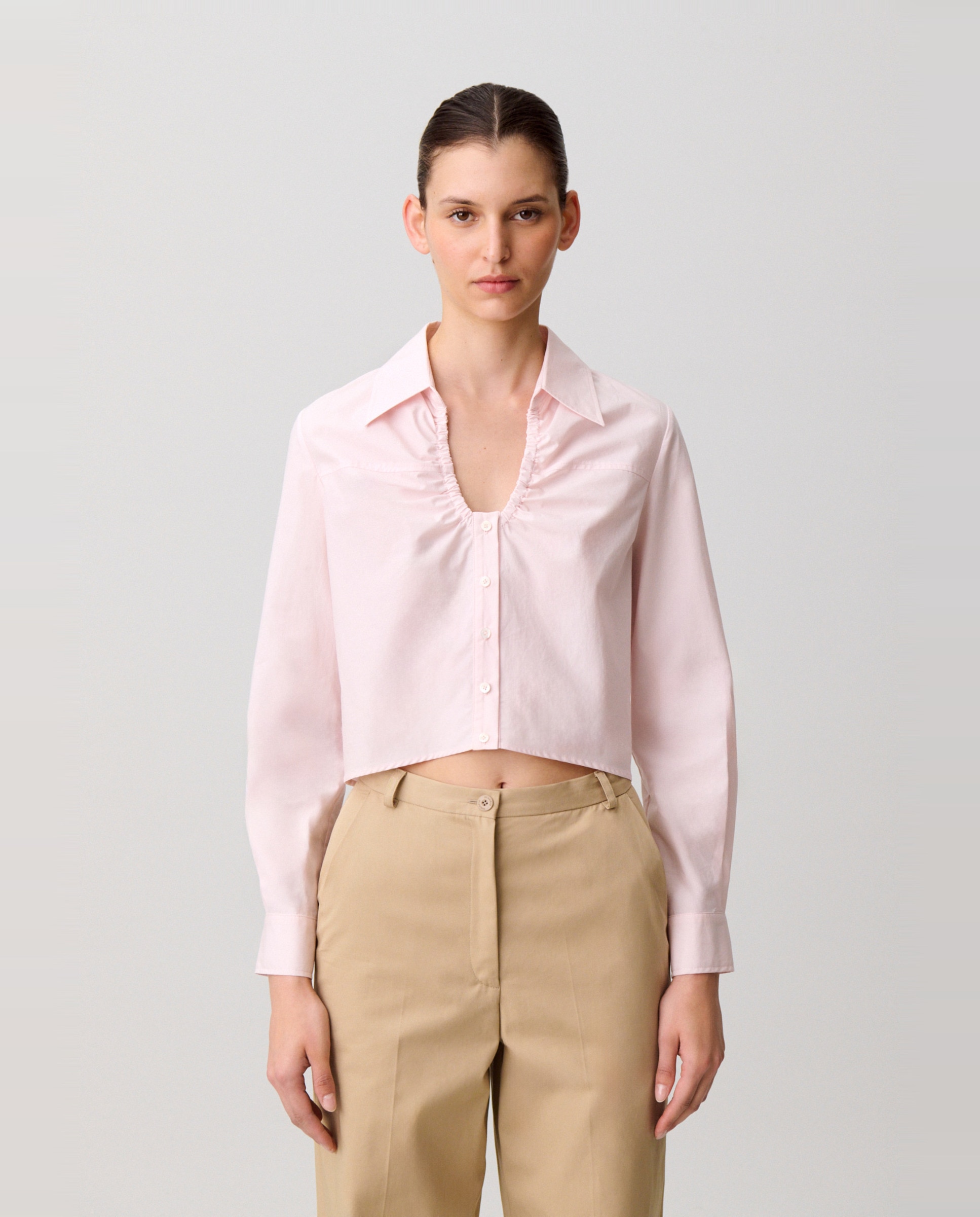 Claudie Pierlot - Camisa de mujer de popelín de algodón con manga larga y fruncidos.