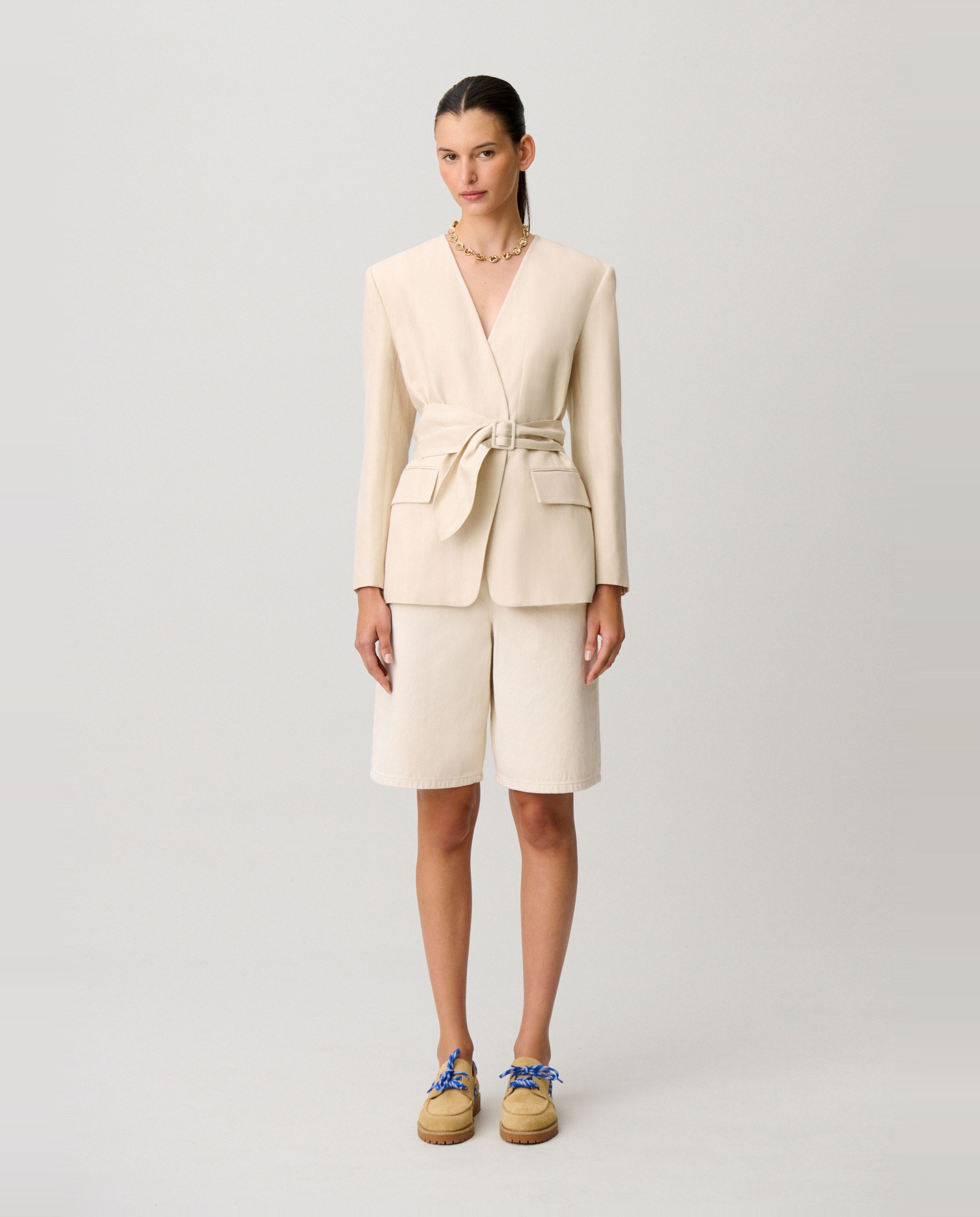 Chaqueta sastre de mujer con cuello kimono y cinturón desmontable - Claudie Pierlot - Natural Natural-4
