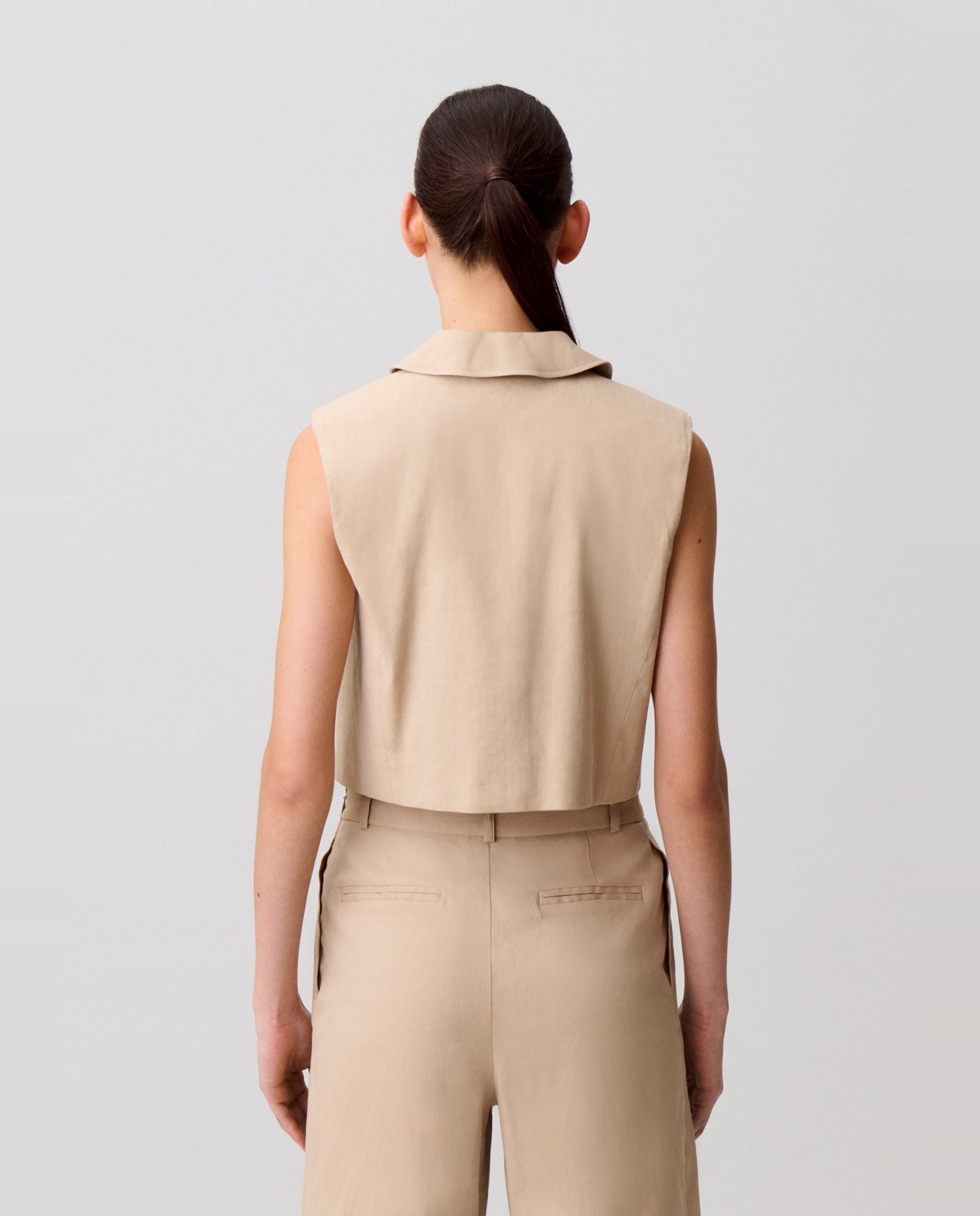 Blazer de mujer sin mangas con cuello bebé grande en lino y algodón - Claudie Pierlot - Natural Natural-2
