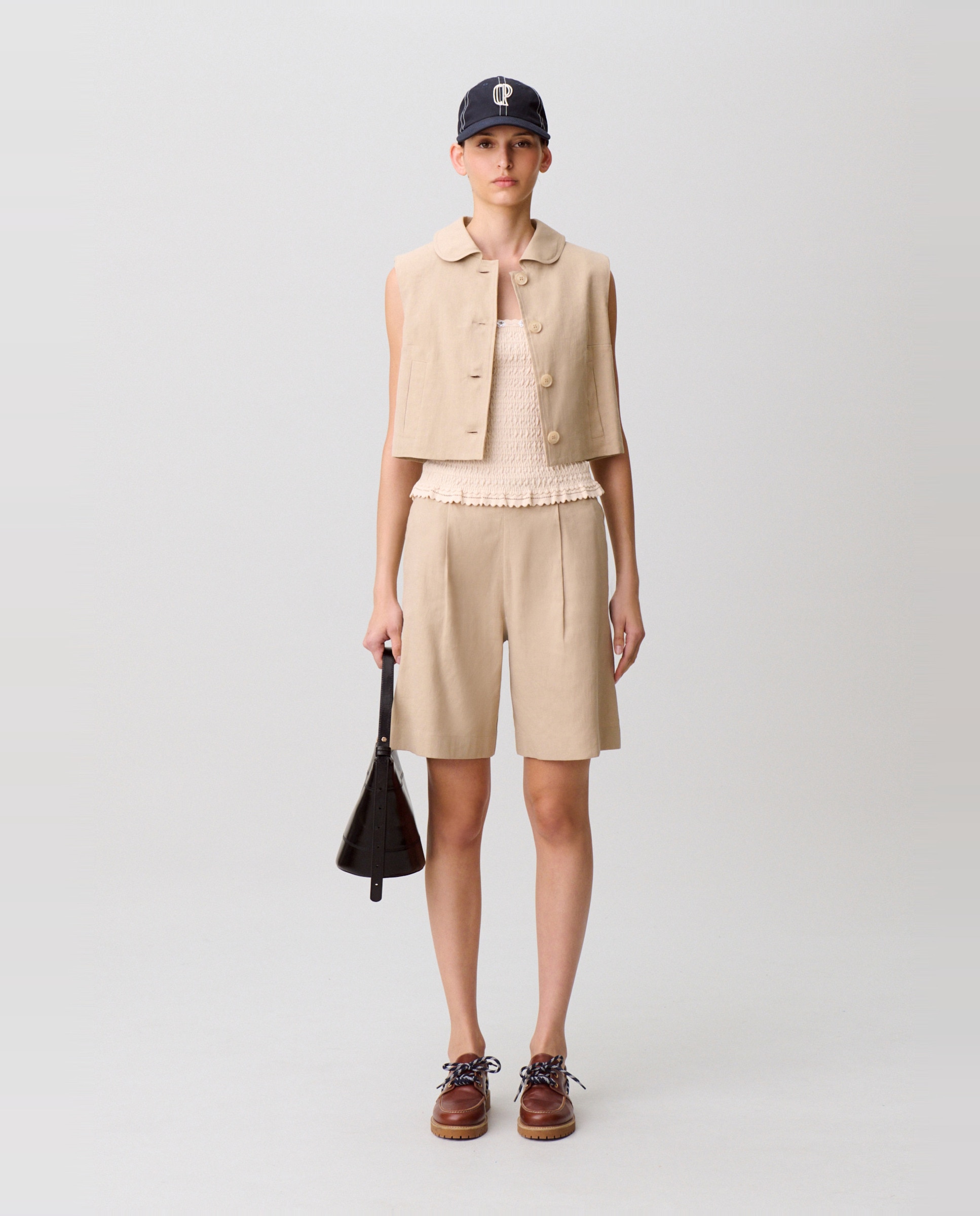 Blazer de mujer sin mangas con cuello bebé grande en lino y algodón - Claudie Pierlot - Natural Natural-3