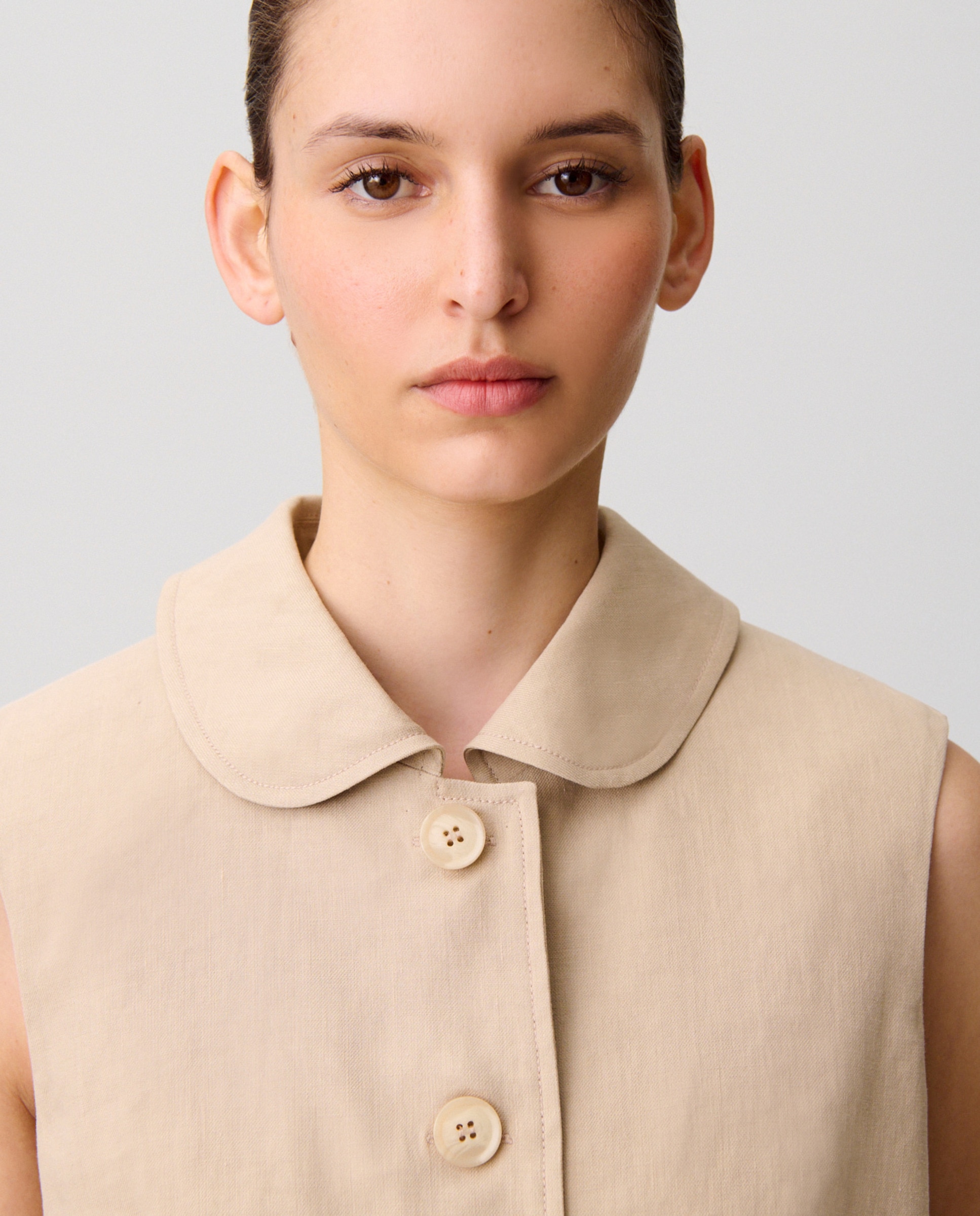 Blazer de mujer sin mangas con cuello bebé grande en lino y algodón - Claudie Pierlot - Natural Natural-4