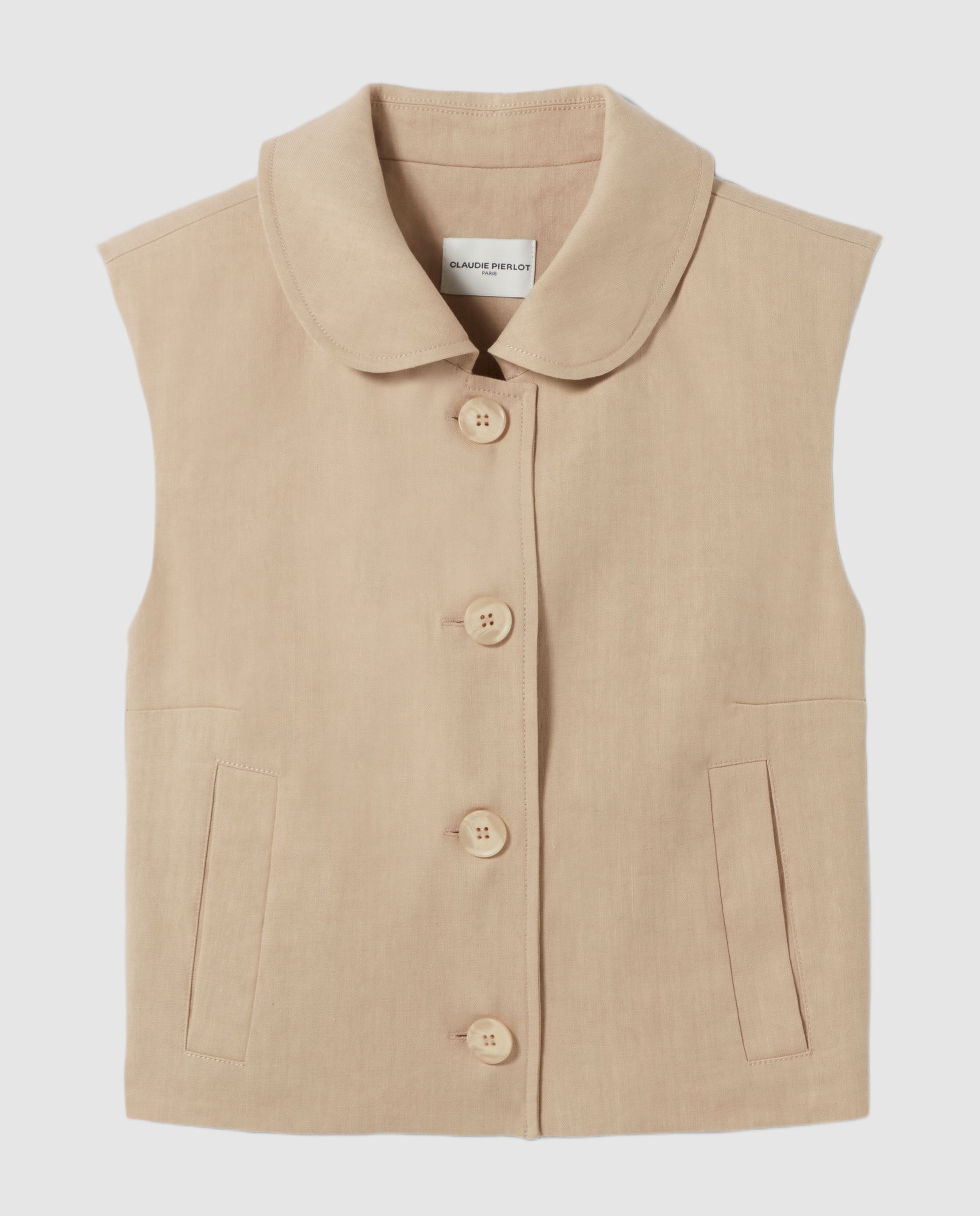 Blazer de mujer sin mangas con cuello bebé grande en lino y algodón - Claudie Pierlot - Natural Natural-6