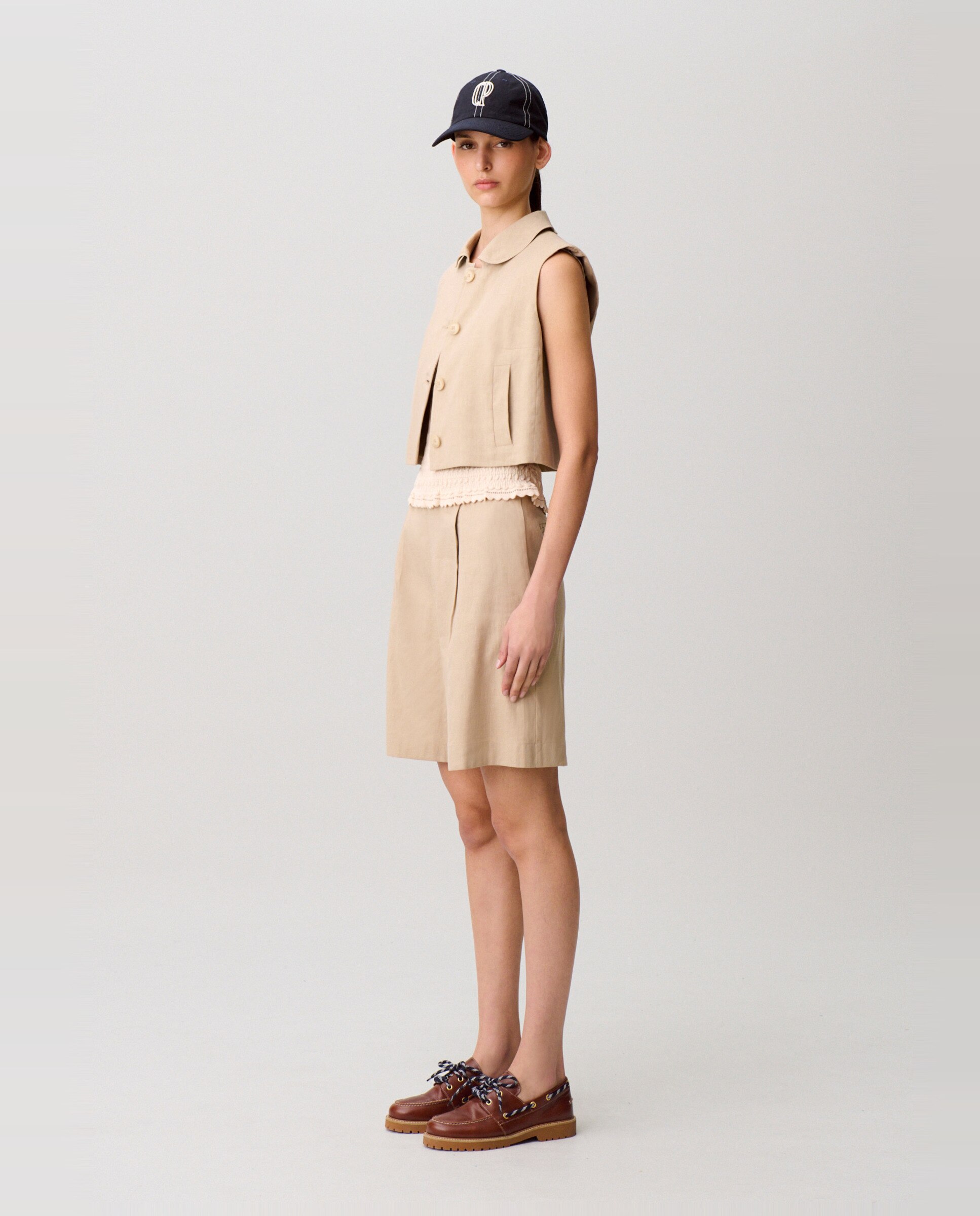 Blazer de mujer sin mangas con cuello bebé grande en lino y algodón - Claudie Pierlot - Natural Natural-5