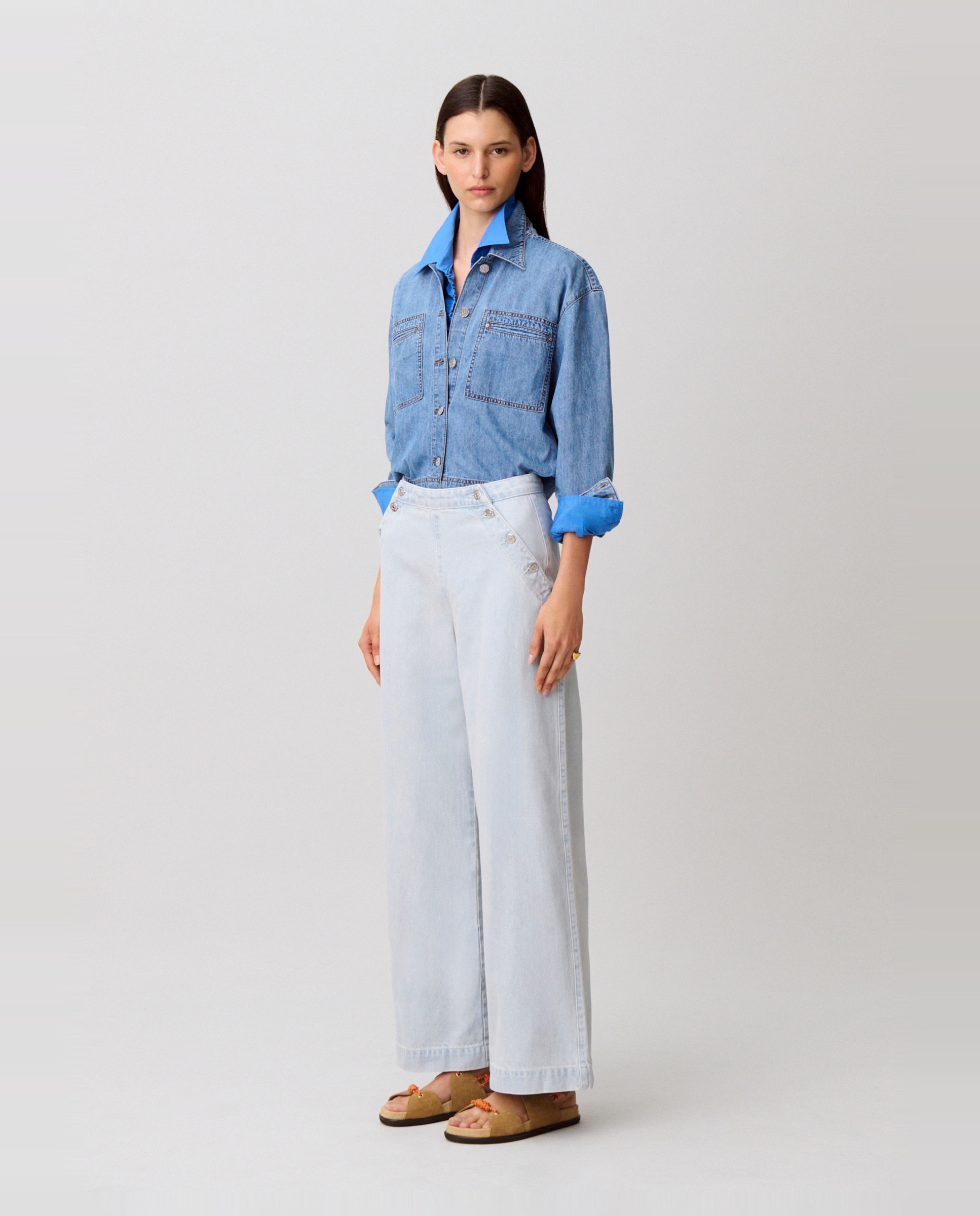 Vaquero de mujer con puente y pernera ancha de tiro normal - Claudie Pierlot - Azul claro Azul claro-5