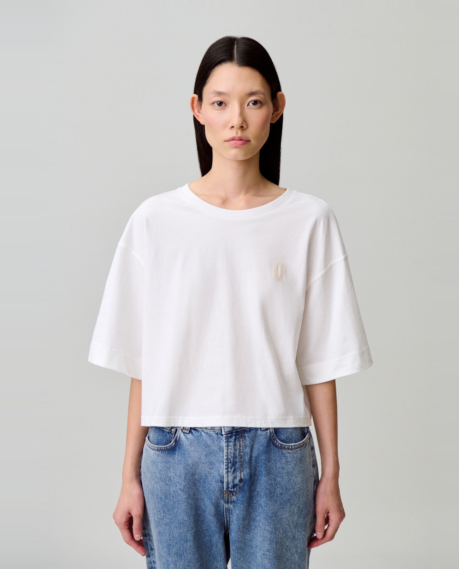 Claudie Pierlot - Camiseta de mujer de algodón crudo de manga corta.