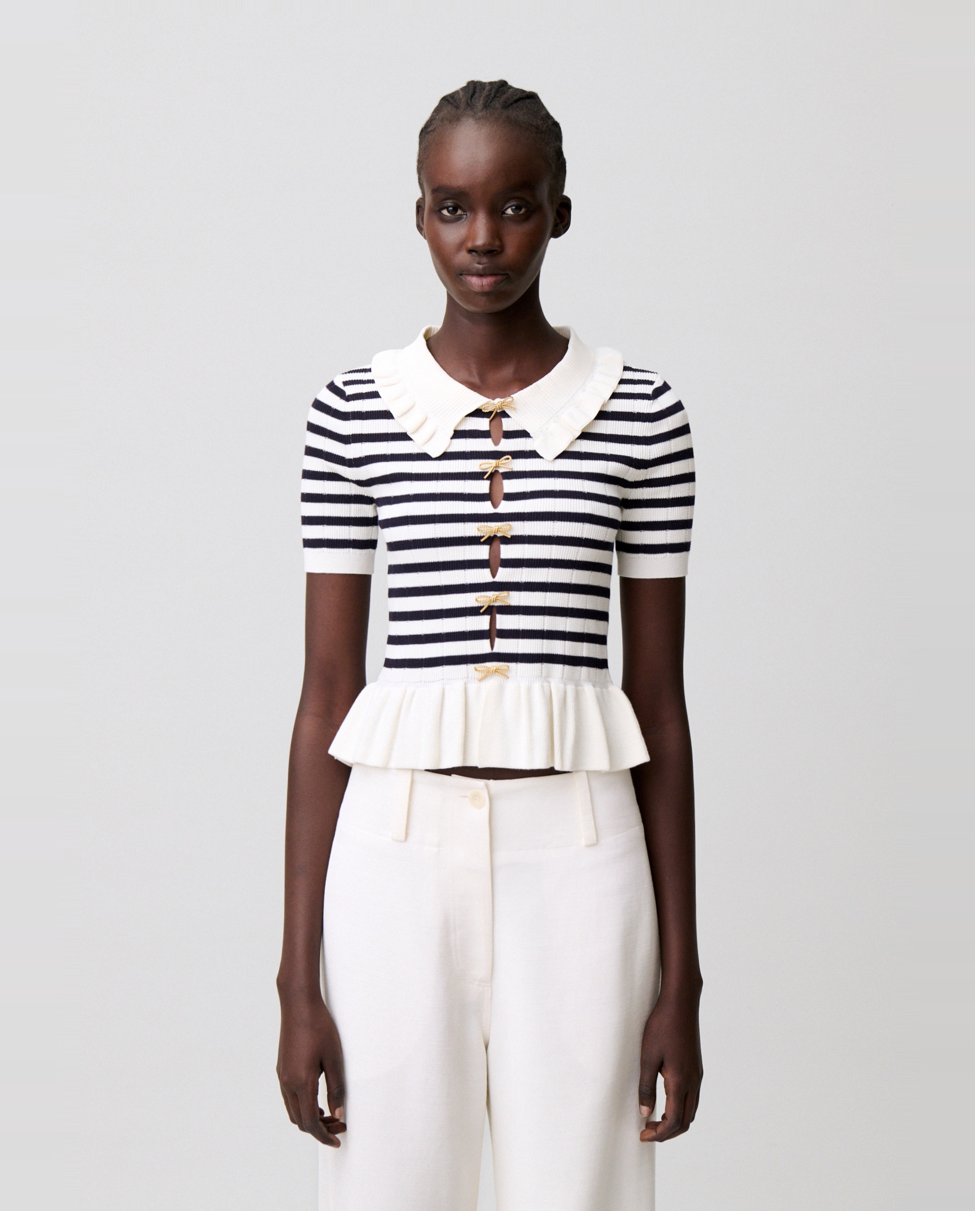Claudie Pierlot - Jersey de mujer de rayas bicolor y manga corta.