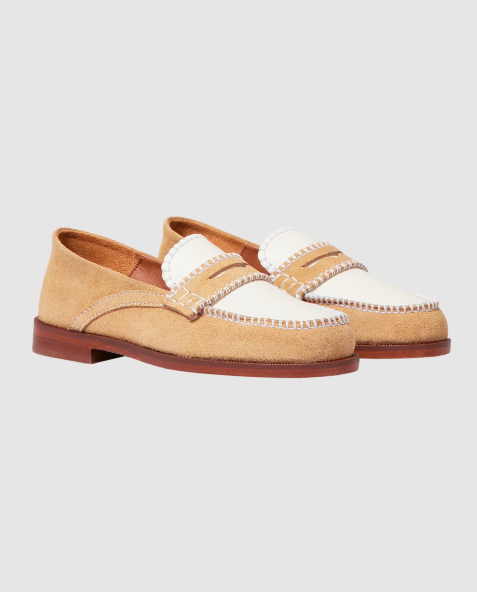 Mocasines planos de mujer de ante con pespuntes en contraste - Claudie Pierlot - Beige / Blanco Beige / Blanco-4