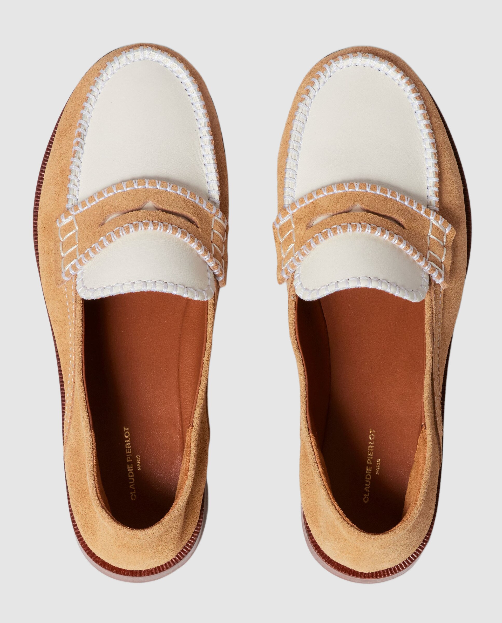 Mocasines planos de mujer de ante con pespuntes en contraste - Claudie Pierlot - Beige / Blanco Beige / Blanco-5
