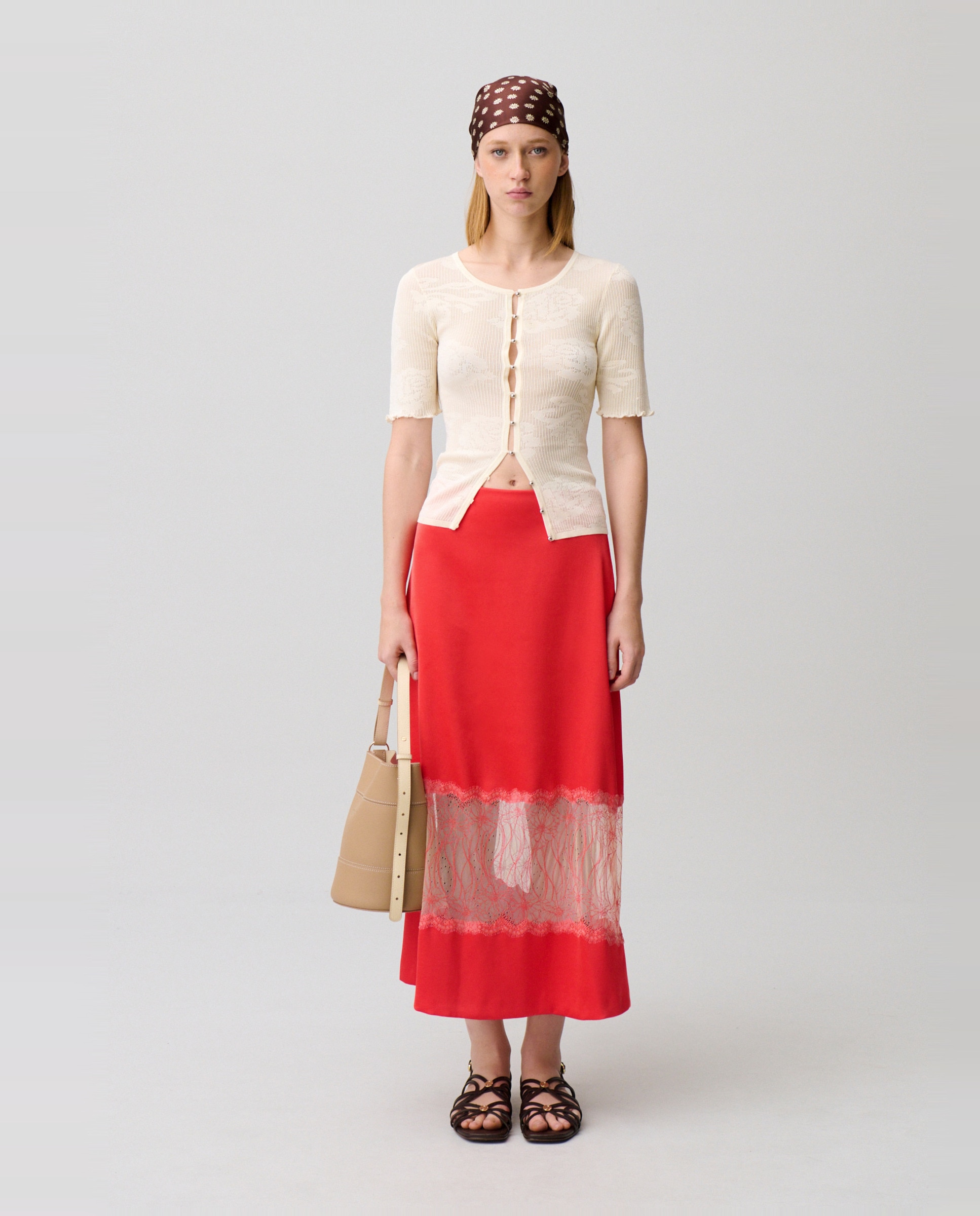 Claudie Pierlot - Falda midi satinada fluida con encaje.