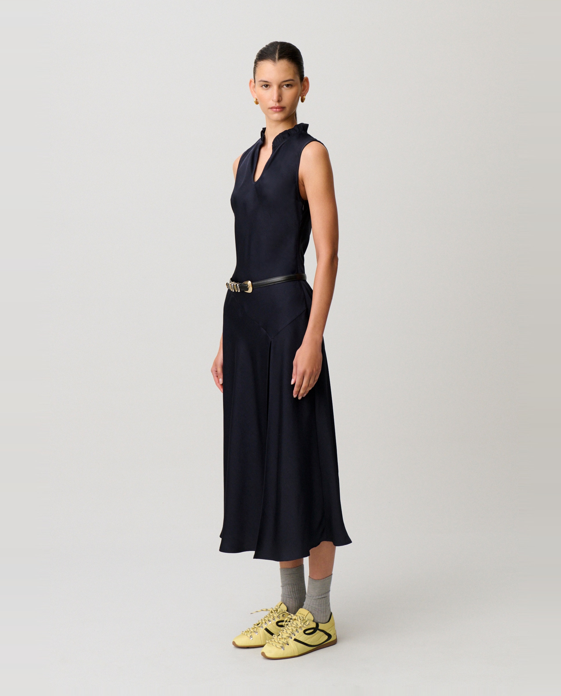 Vestido midi fluido sin mangas con cuello victoriano - Claudie Pierlot - Azul marino Azul marino-3