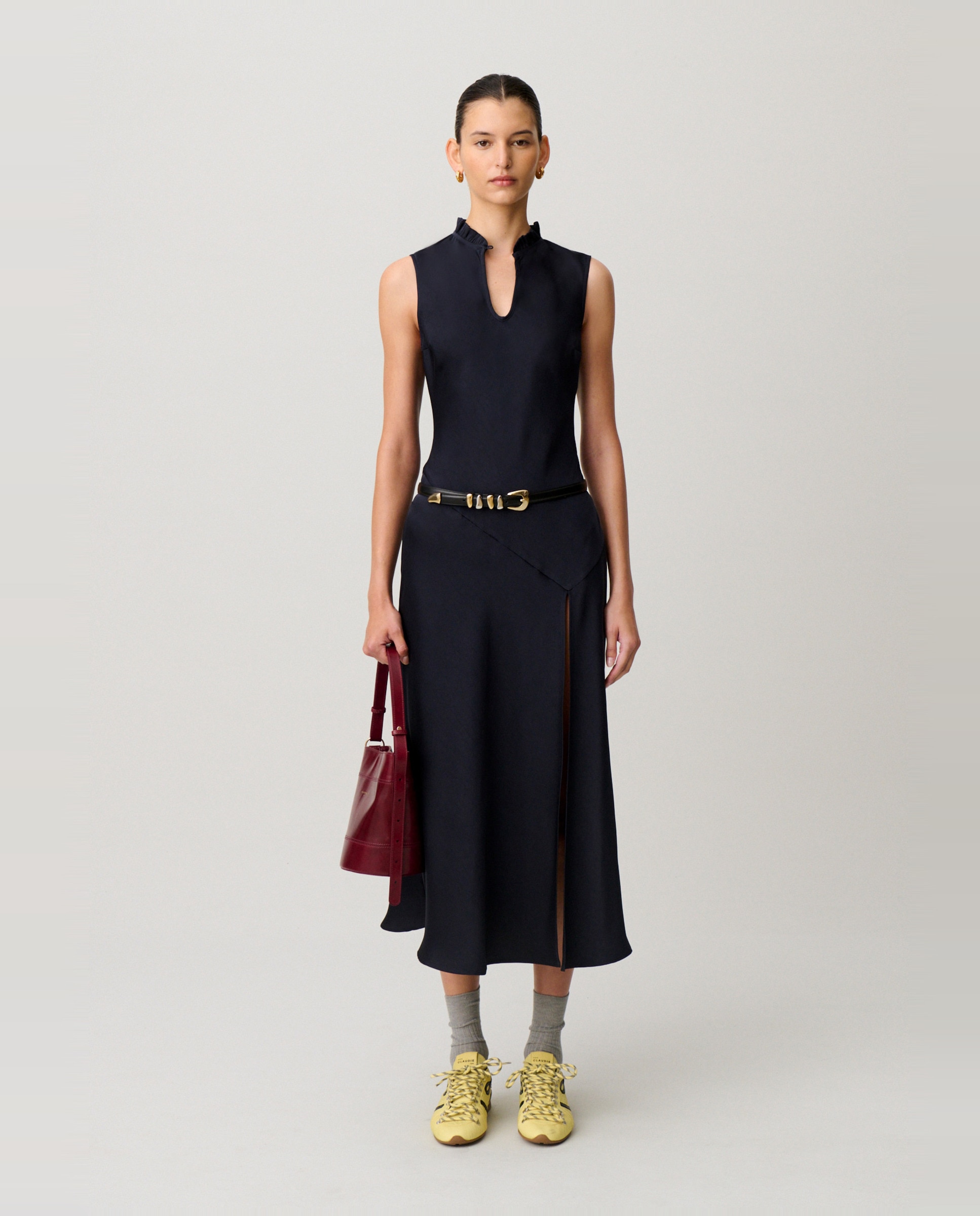 Vestido midi fluido sin mangas con cuello victoriano - Claudie Pierlot - Azul marino Azul marino-4