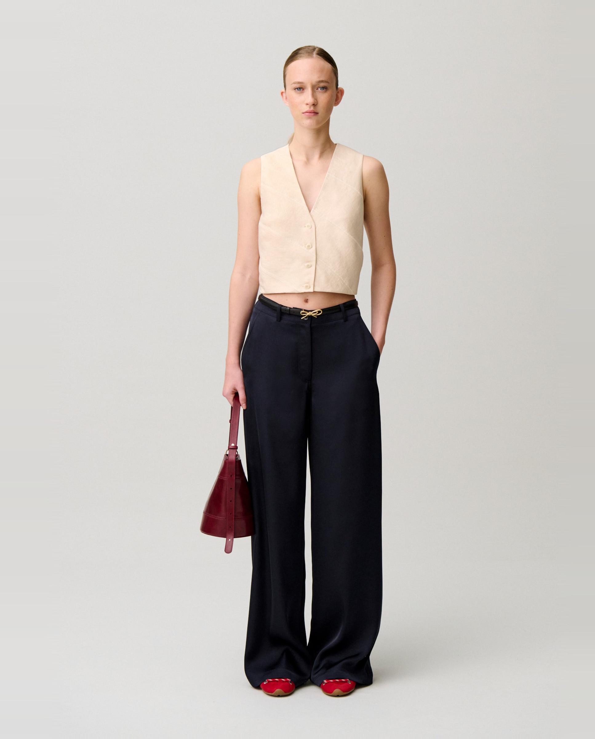 Pantalones rectos de mujer de satén con bolsillos italianos - Claudie Pierlot - Azul marino Azul marino-1