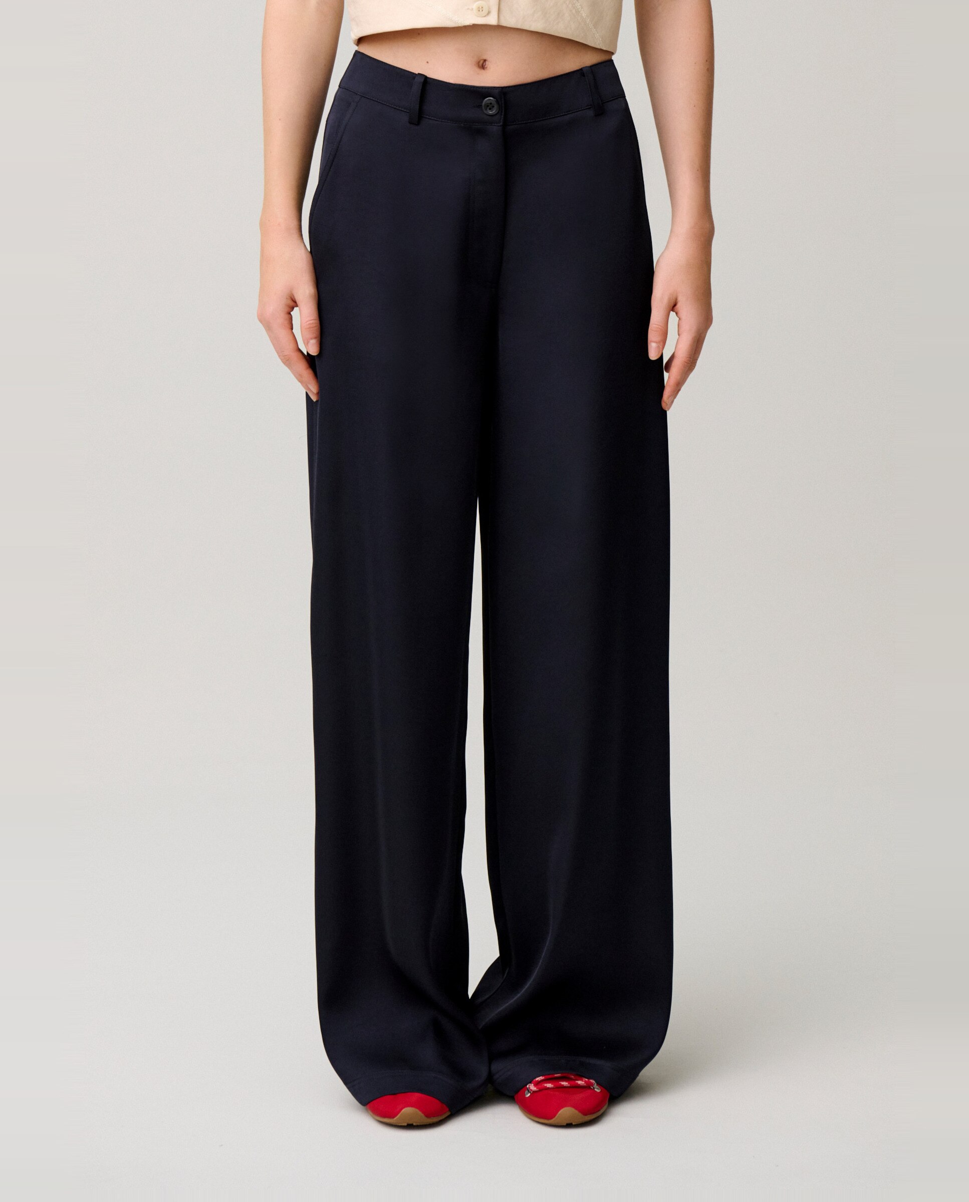 Pantalones rectos de mujer de satén con bolsillos italianos - Claudie Pierlot - Azul marino Azul marino-2