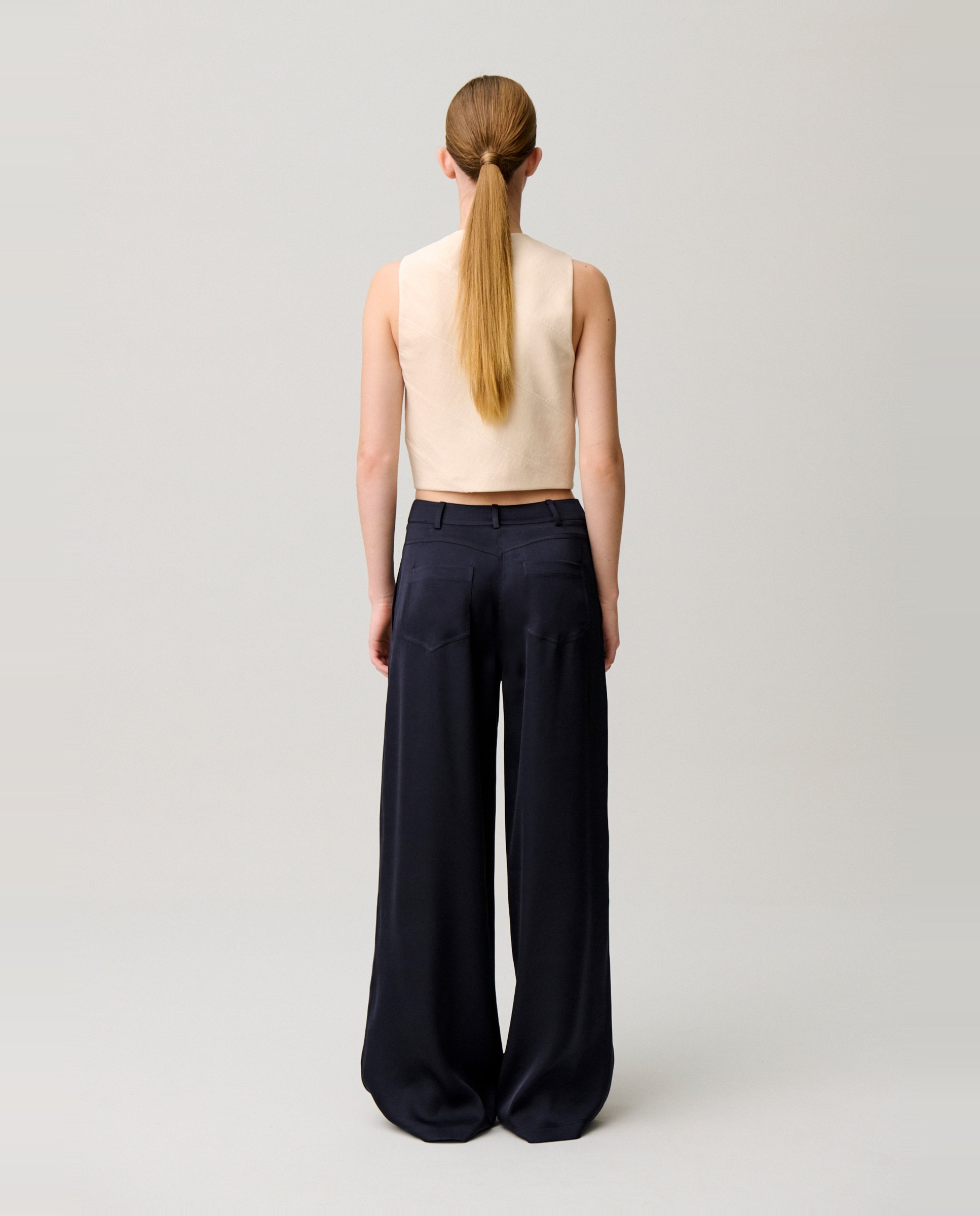 Pantalones rectos de mujer de satén con bolsillos italianos - Claudie Pierlot - Azul marino Azul marino-3