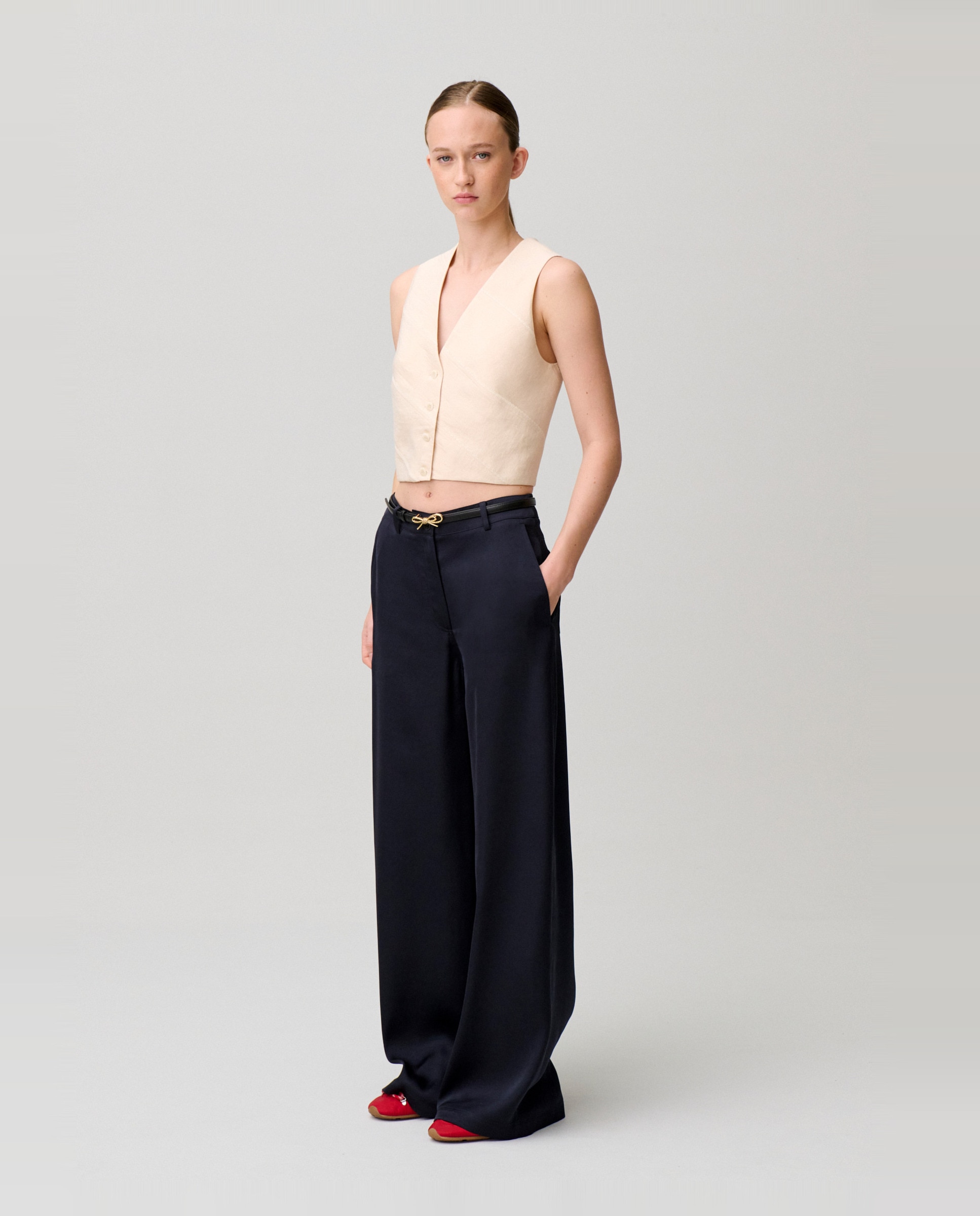 Pantalones rectos de mujer de satén con bolsillos italianos - Claudie Pierlot - Azul marino Azul marino-4