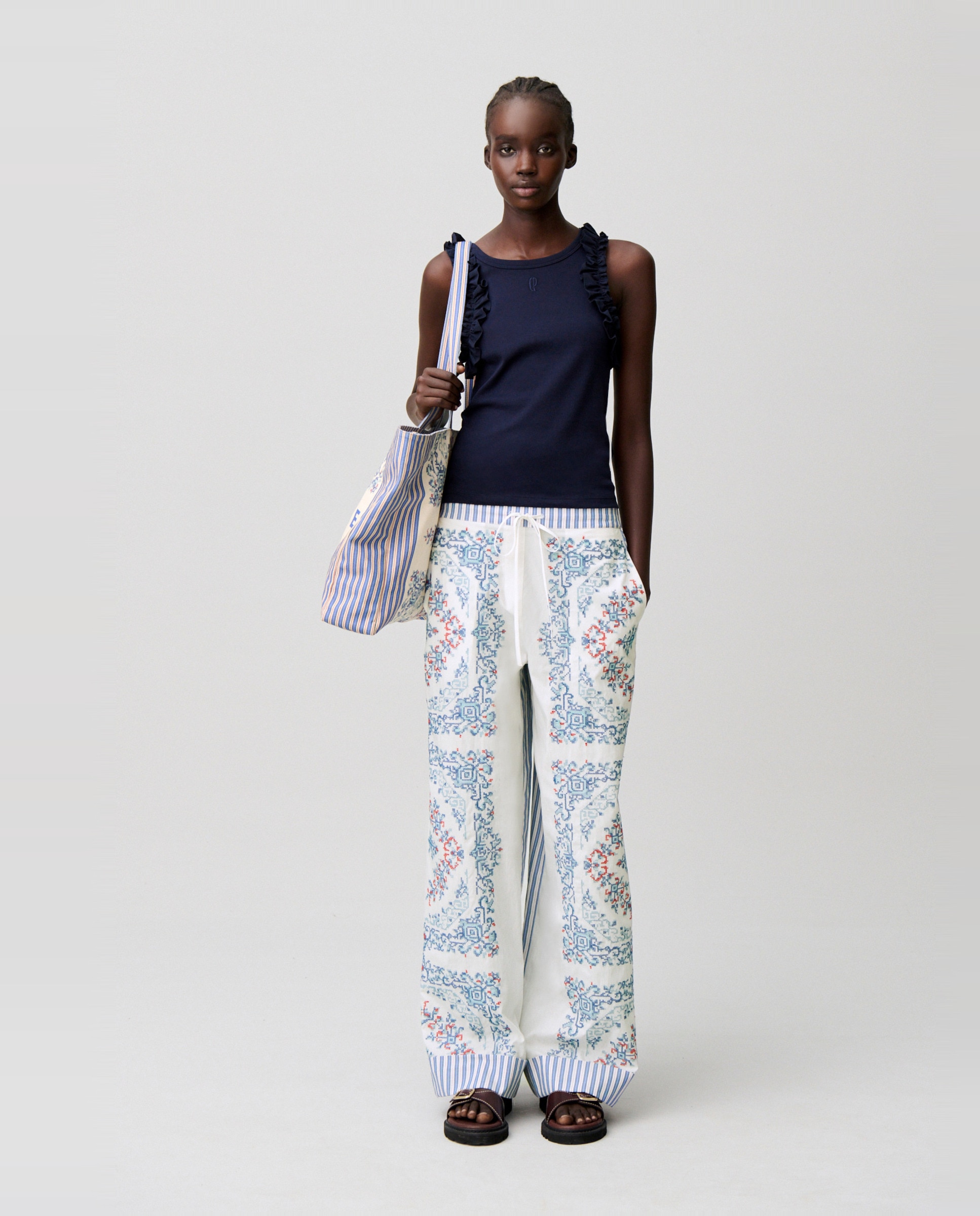 Claudie Pierlot - Pantalones anchos de mujer en punto de algodón bordado con rayas.