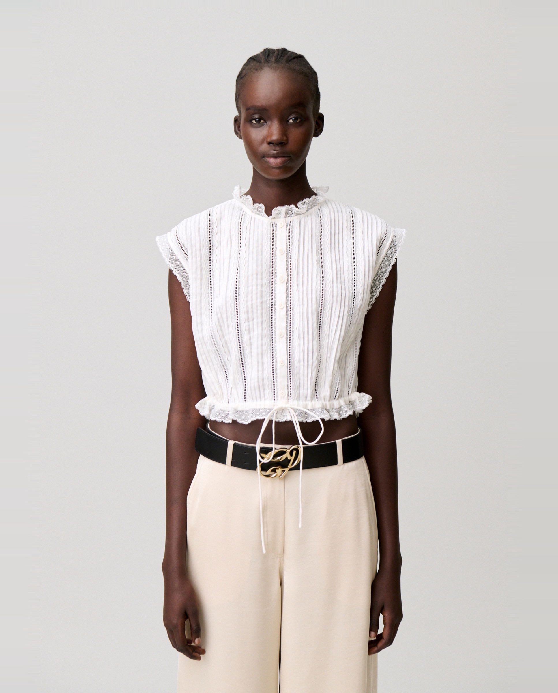 Claudie Pierlot - Camisa de mujer corta sin mangas con encaje.